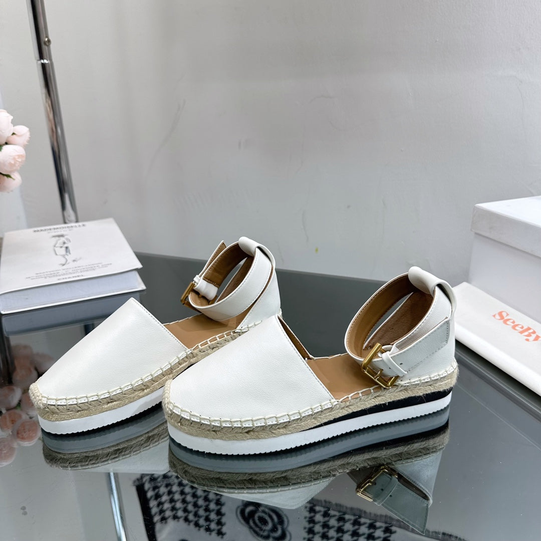 SEE BY CHLOÃ‰ ESPADRILLES SANDAL IN WHITE CALFSKIN AND WOVEN RAFFIA