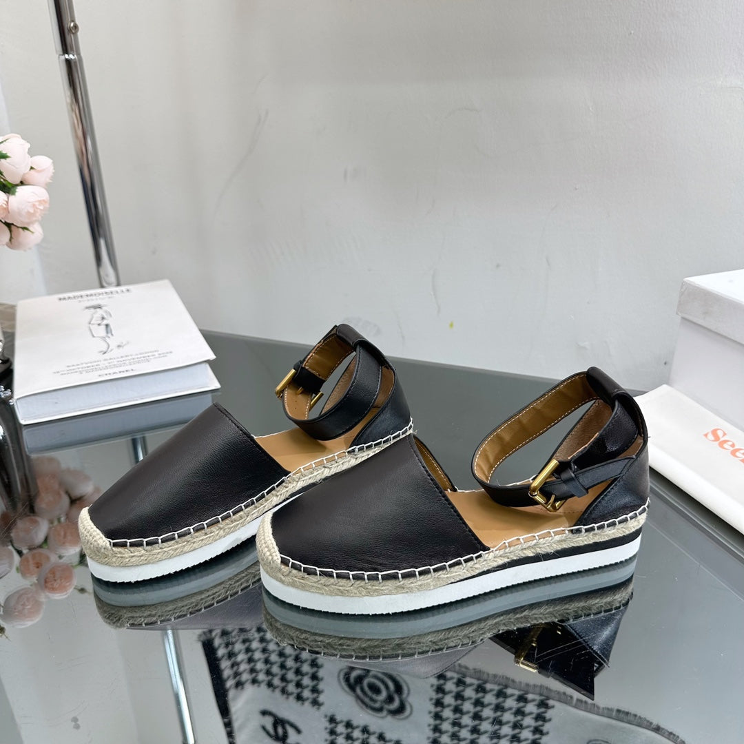 SEE BY CHLOÃ‰ ESPADRILLES SANDAL IN BLACK CALFSKIN AND WOVEN RAFFIA