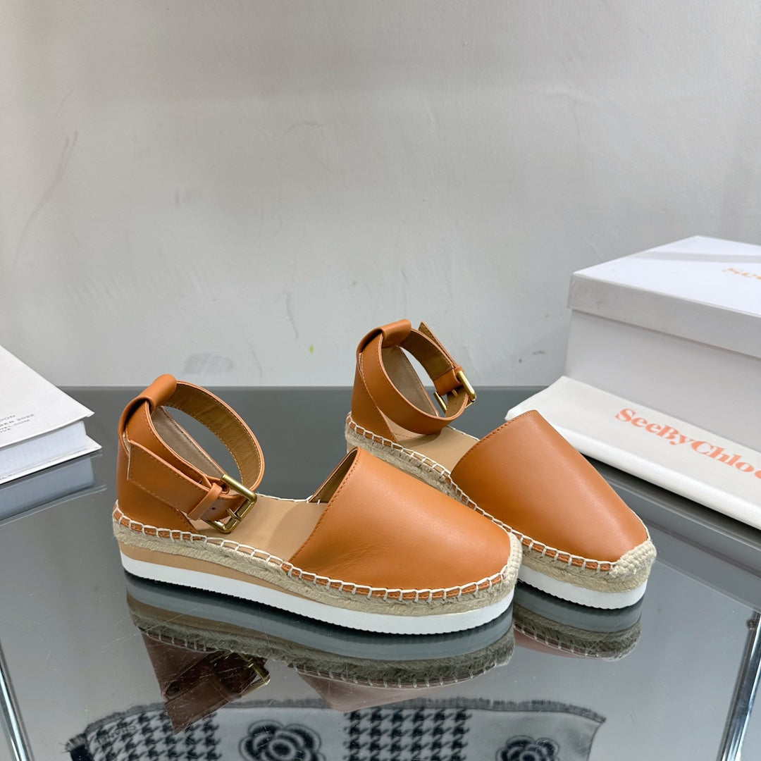 SEE BY CHLOÃ‰ ESPADRILLES SANDAL IN COPPER BROWN CALFSKIN AND WOVEN RAFFIA