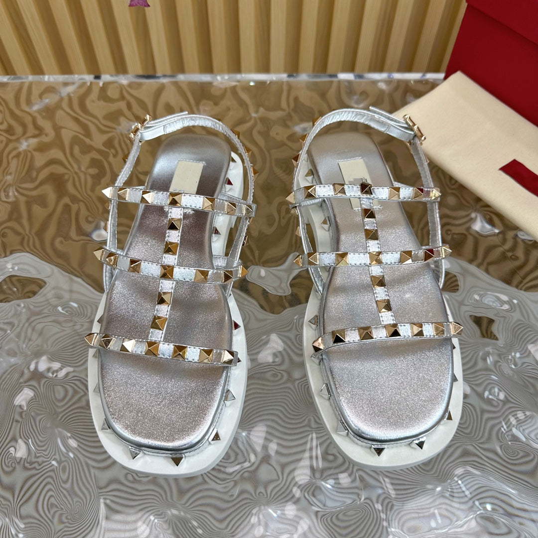 Rockstud M-Way Platform Sandal Grey Leather