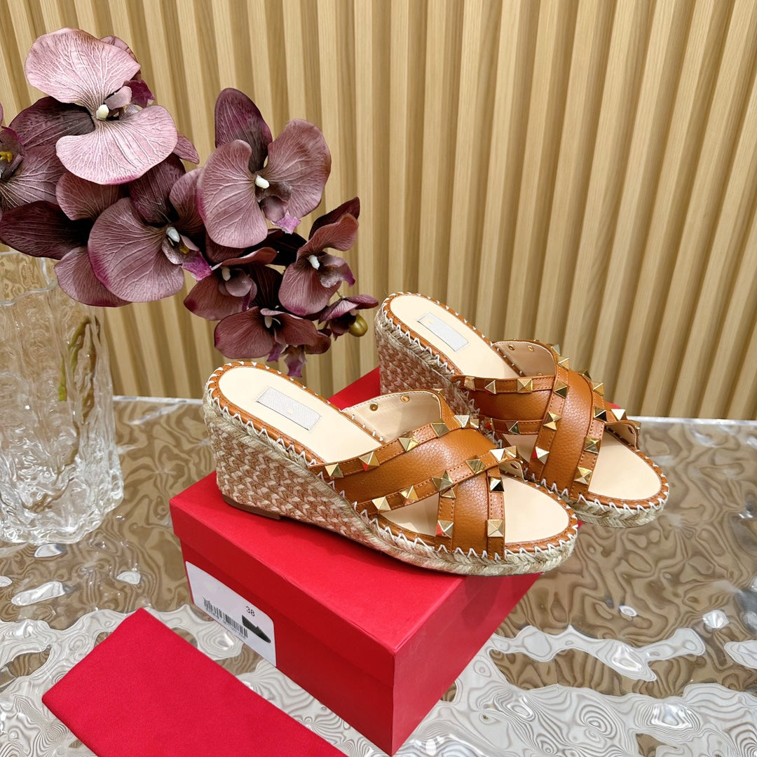 Rockstud Crisscross Espadrilles 80mm Sandal Wedges Brown