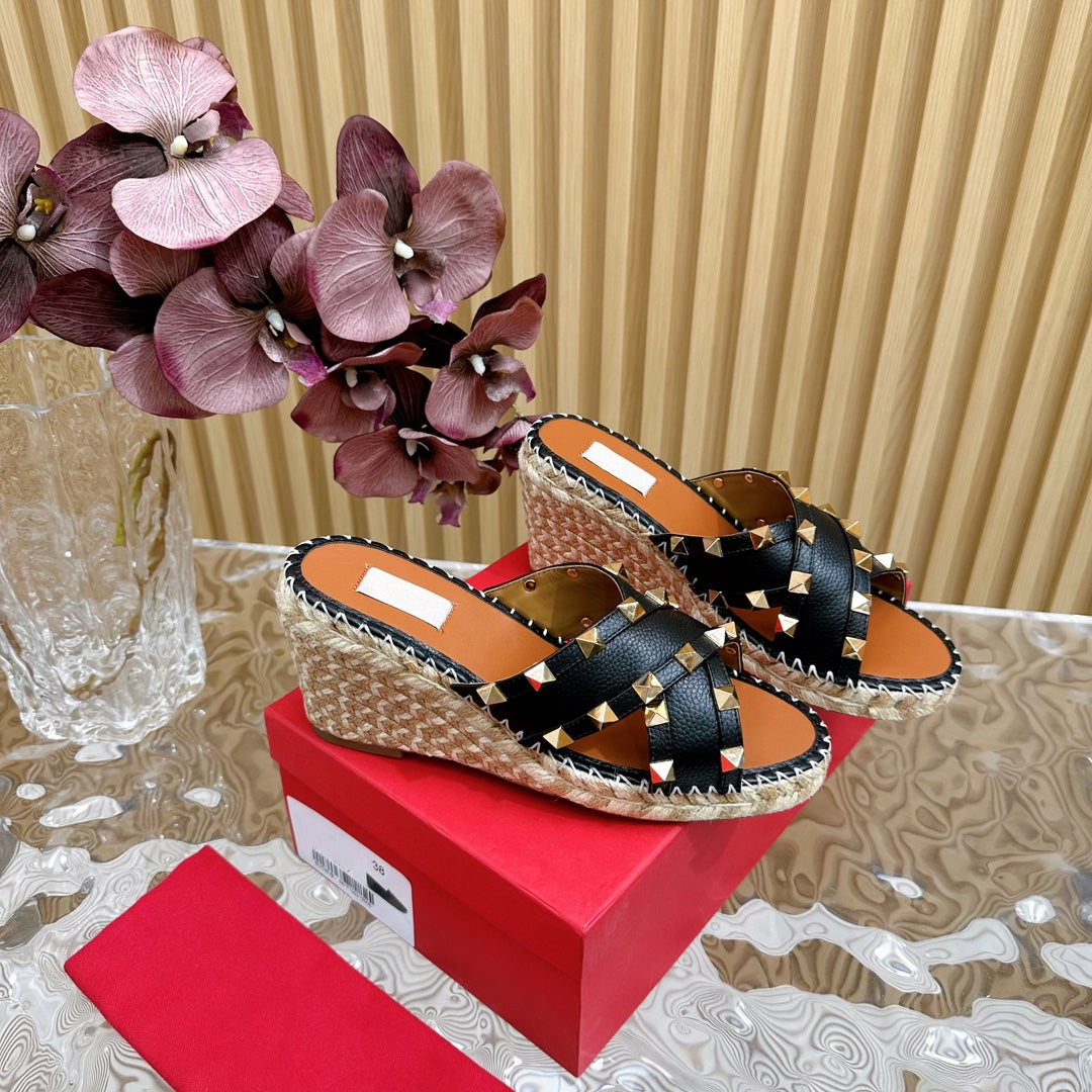 Rockstud Crisscross Espadrilles 80mm Sandal Wedges Black