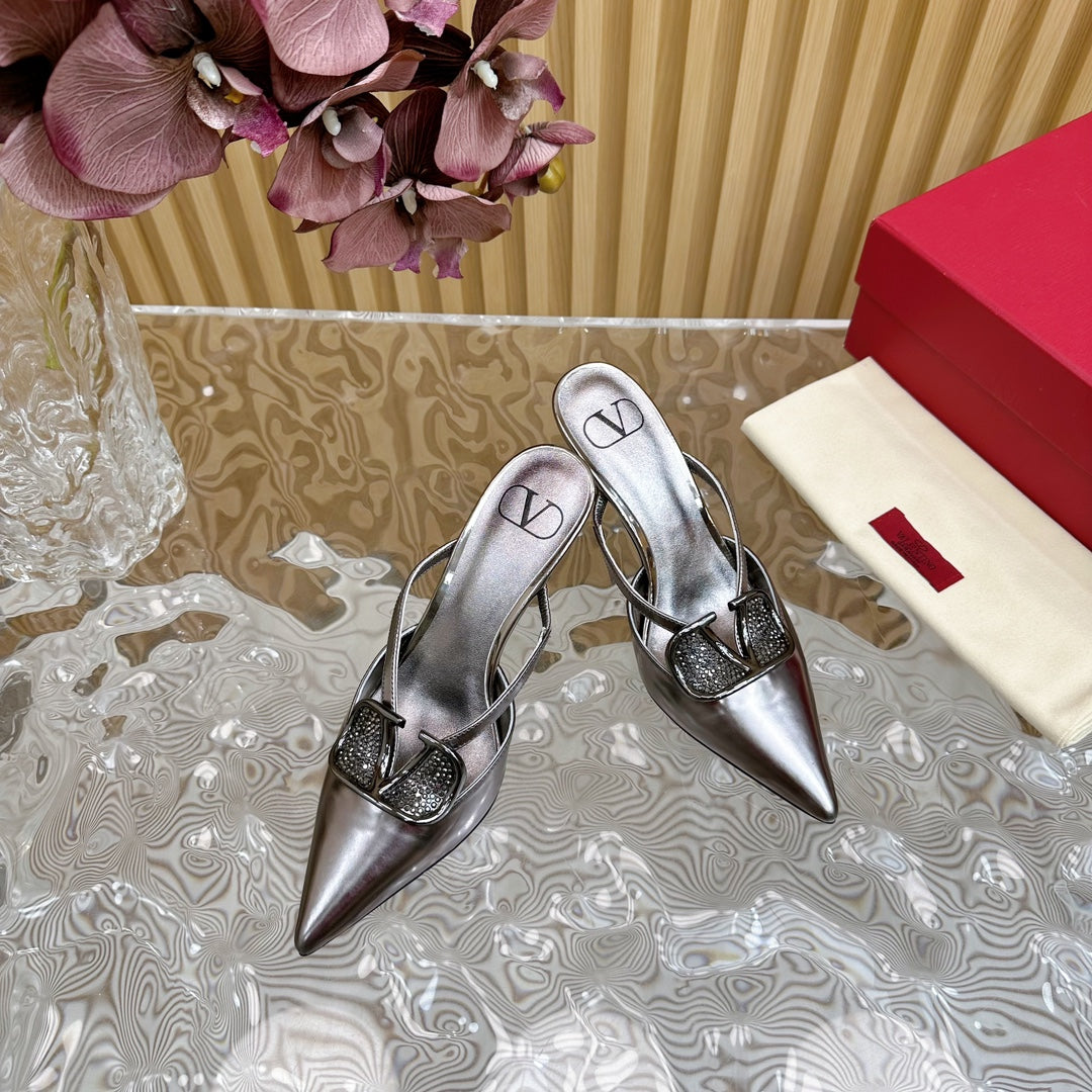 Vlogo Signature with Crystals Cut-Out Slingback Pump 70 Dark Silver Calfskin