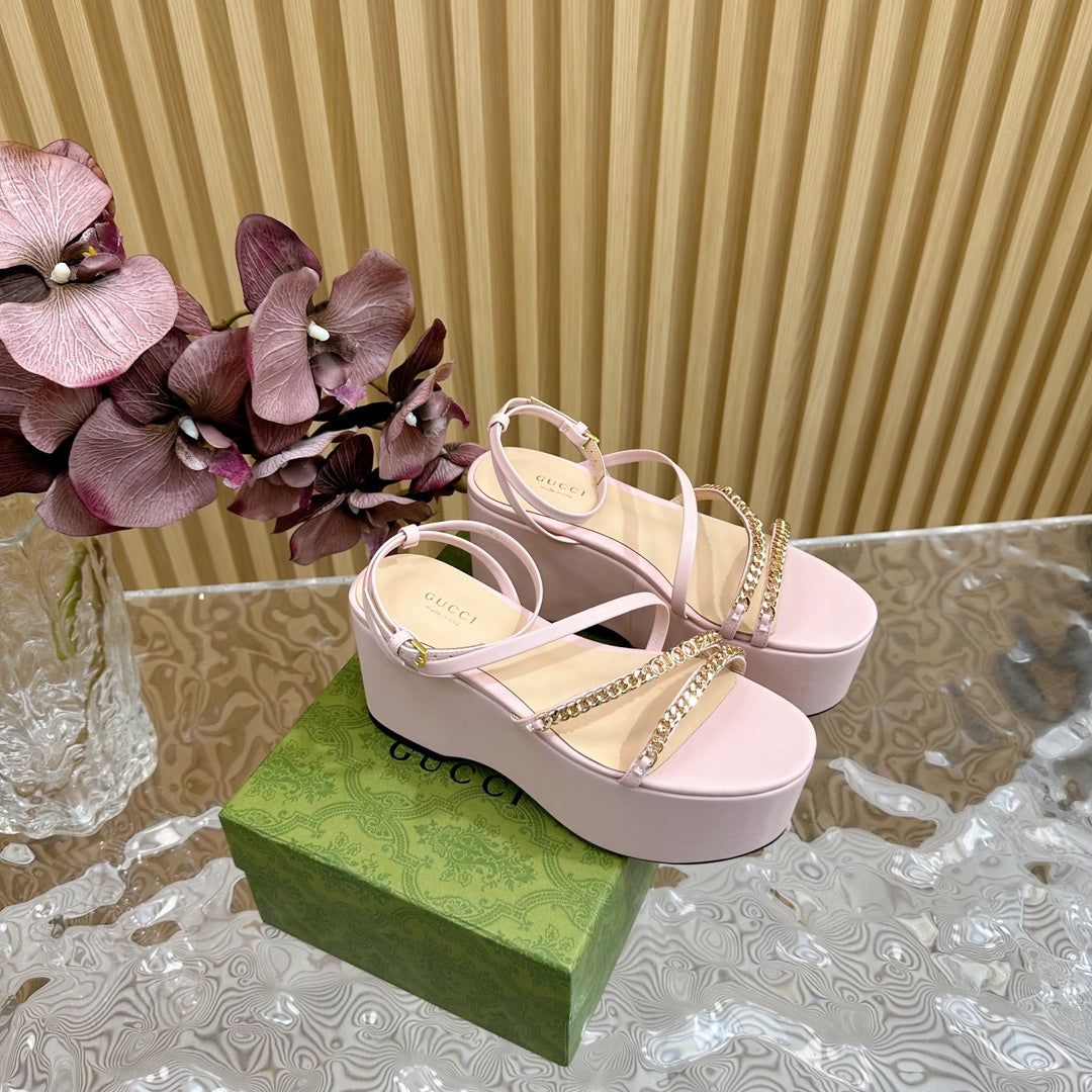 GG PLATFORM SANDAL PASTEL PINK CALFSKIN WITH CHAINS