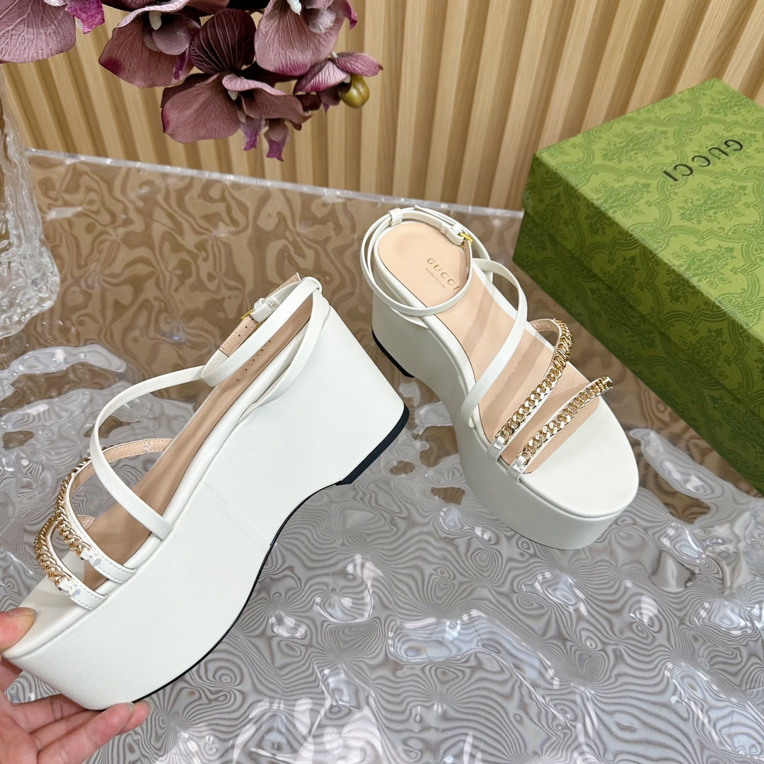 GG PLATFORM SANDAL WHITE CALFSKIN WITH CHAINS