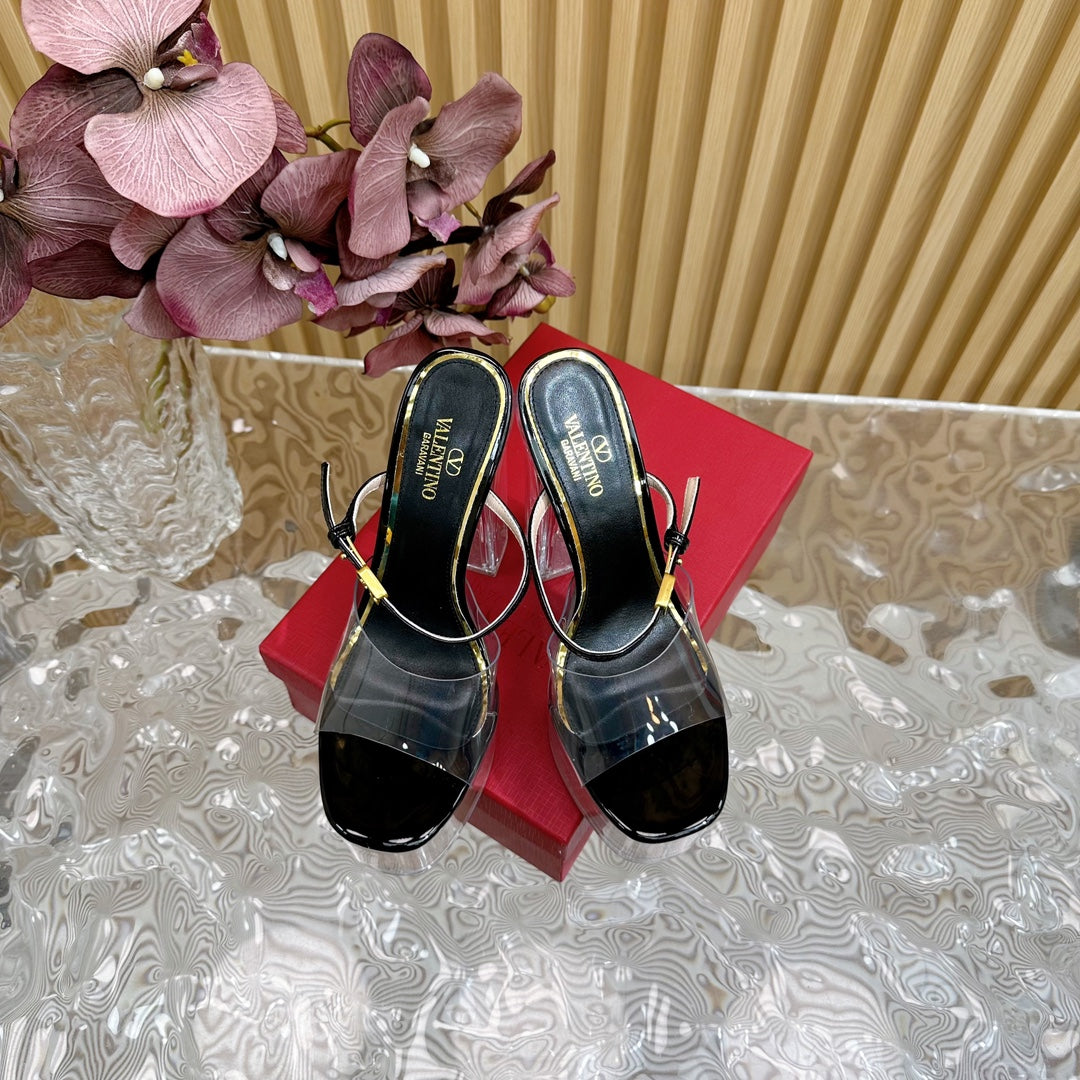 HIGH HEEL SANDAL 14CM IN BLACK CALFSKIN AND TRANSPARENT PVC