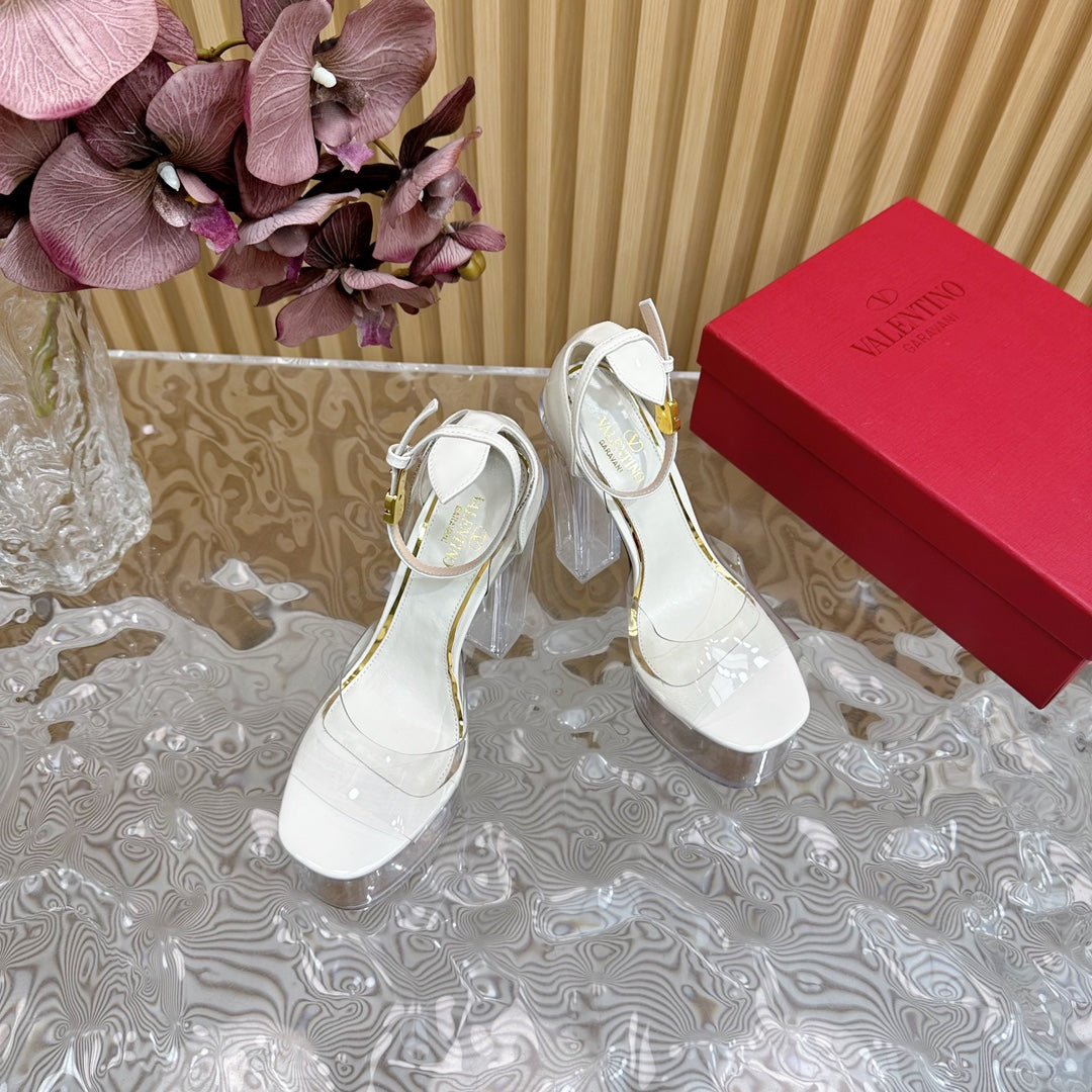HIGH SANDAL 14CM IN WHITE CALFSKIN AND TRANSPARENT PVC