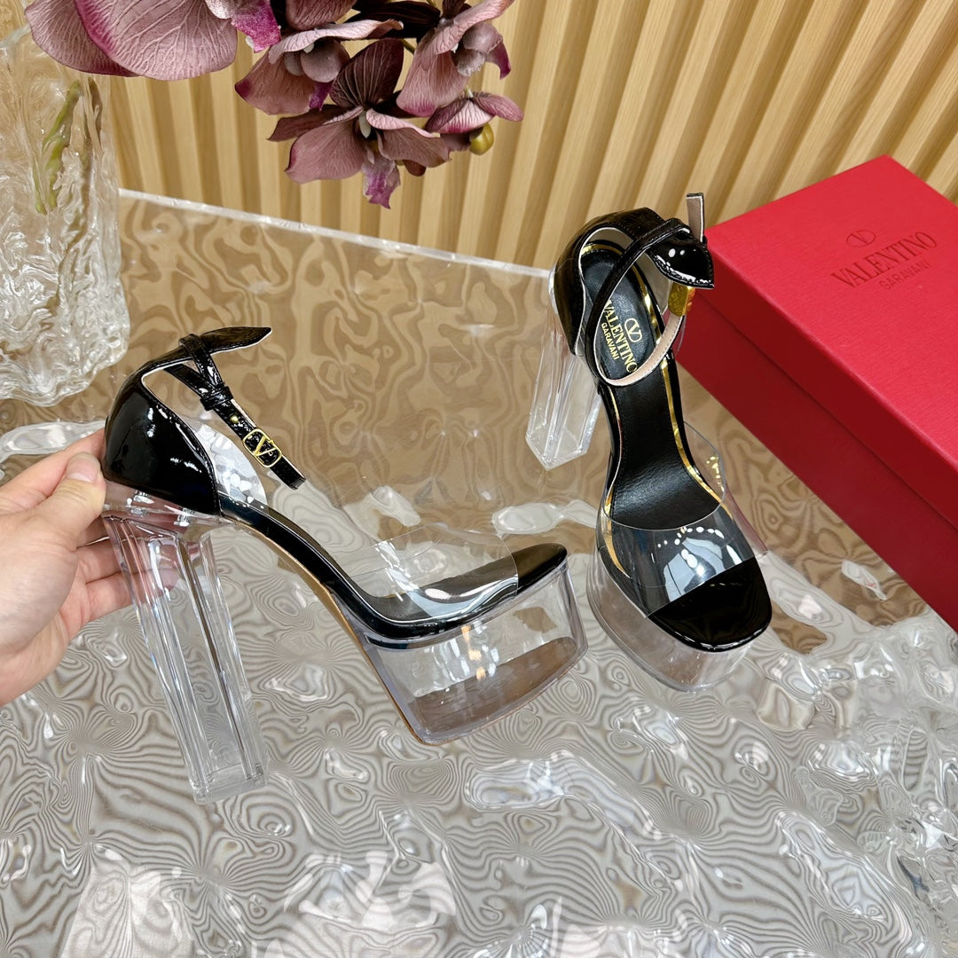 HIGH SANDAL 14CM IN BLACK CALFSKIN AND TRANSPARENT PVC
