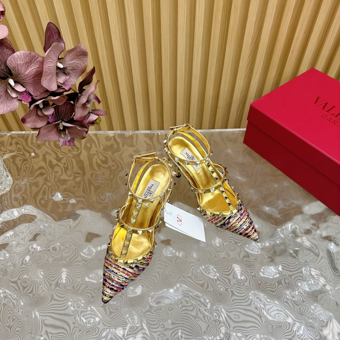 Rockstud Pump In Colorful Mix Gold Pied-de-poule Fabric And Cowhide 95mm 102079