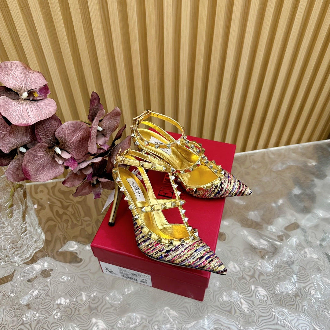 Rockstud Pump In Colorful Mix Gold Pied-de-poule Fabric And Cowhide 95mm 102079