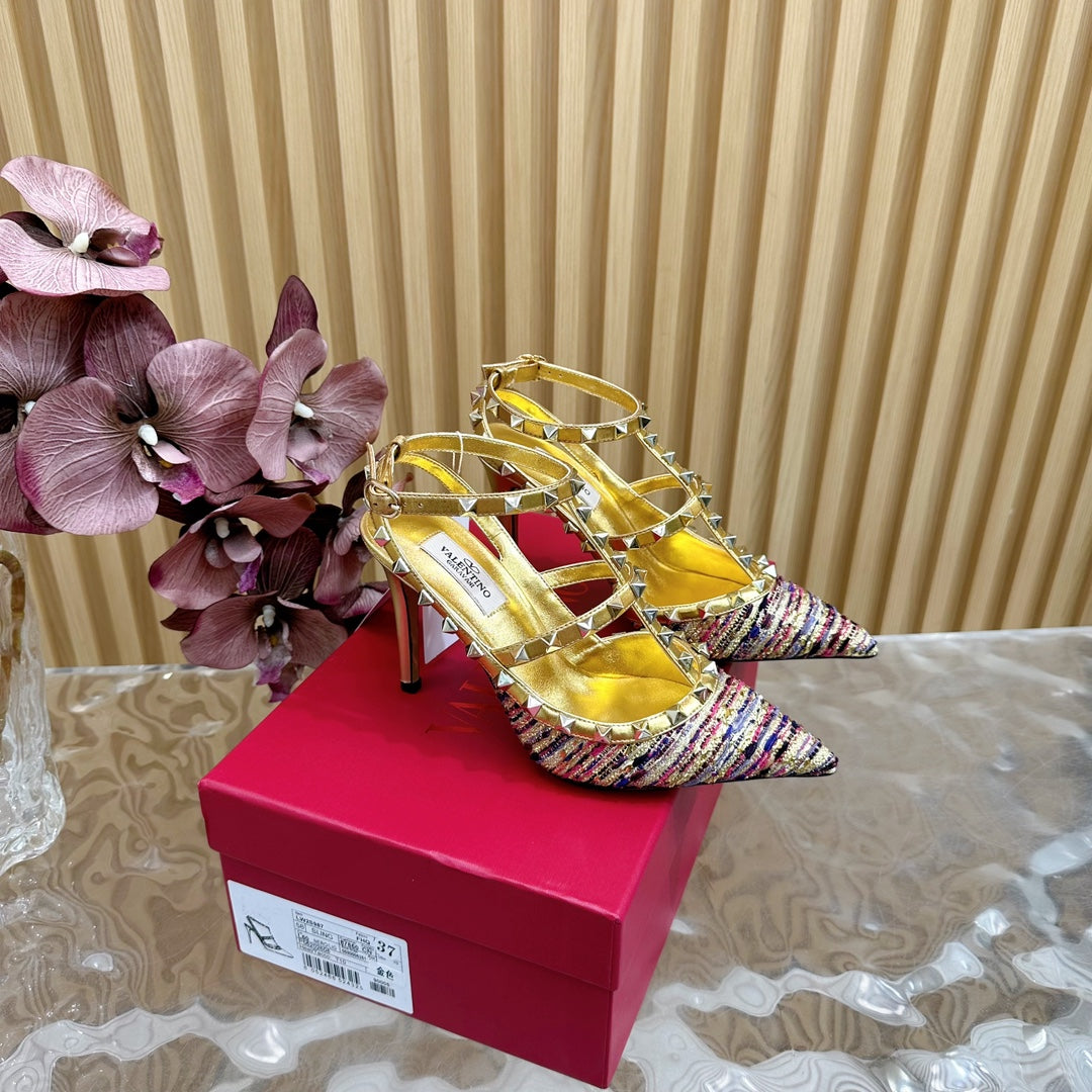 Rockstud Pump In Colorful Mix Gold Pied-de-poule Fabric And Cowhide 95mm 102079