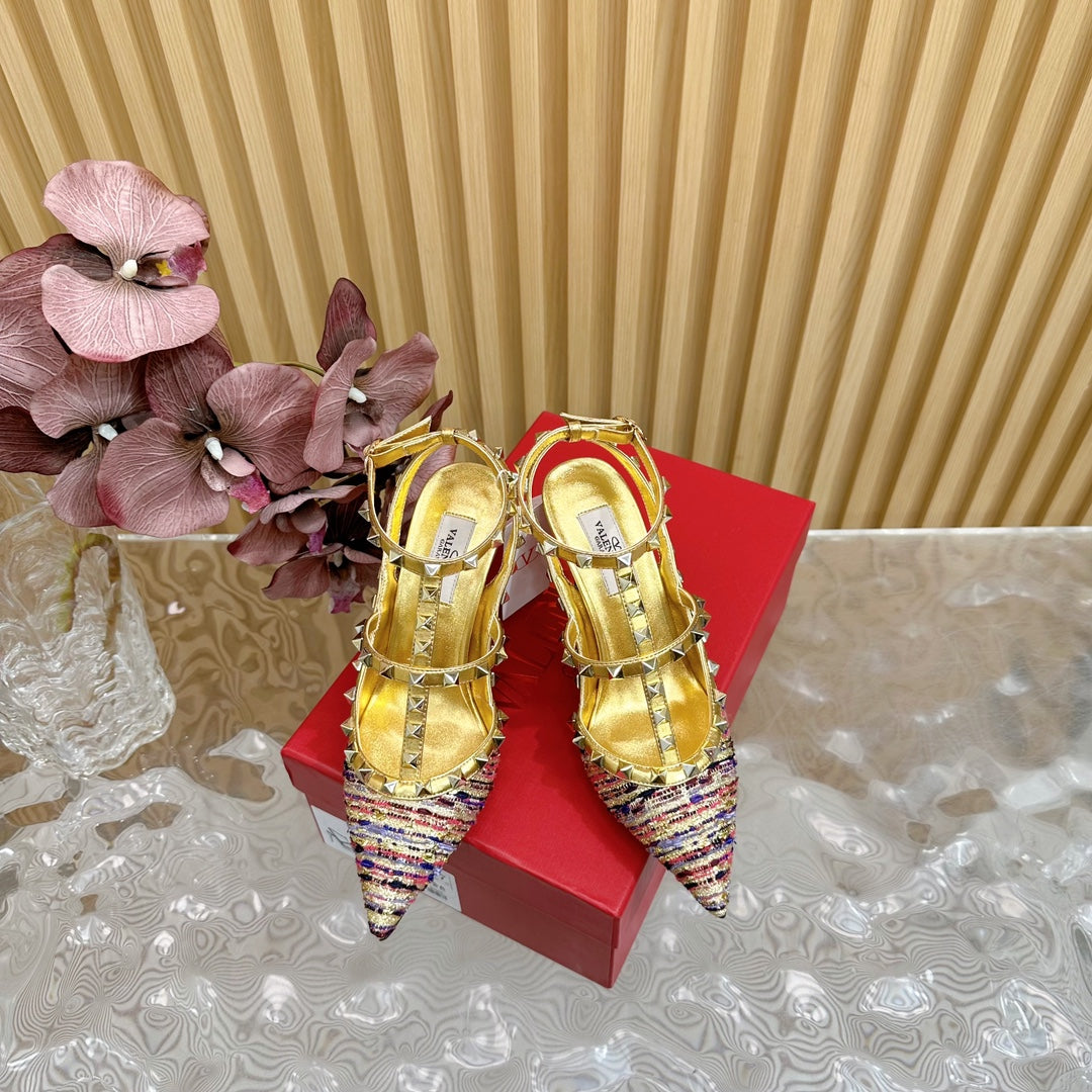 Rockstud Pump In Colorful Mix Gold Pied-de-poule Fabric And Cowhide 95mm 102079