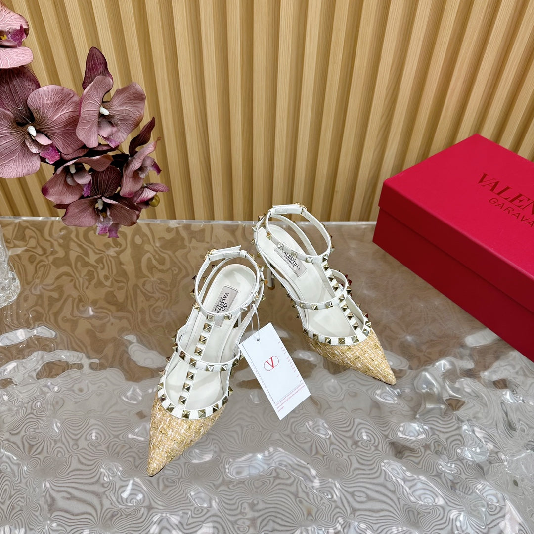 Rockstud Pump In Dark Beige Mix White Pied-de-poule Fabric And Cowhide 95mm 102083