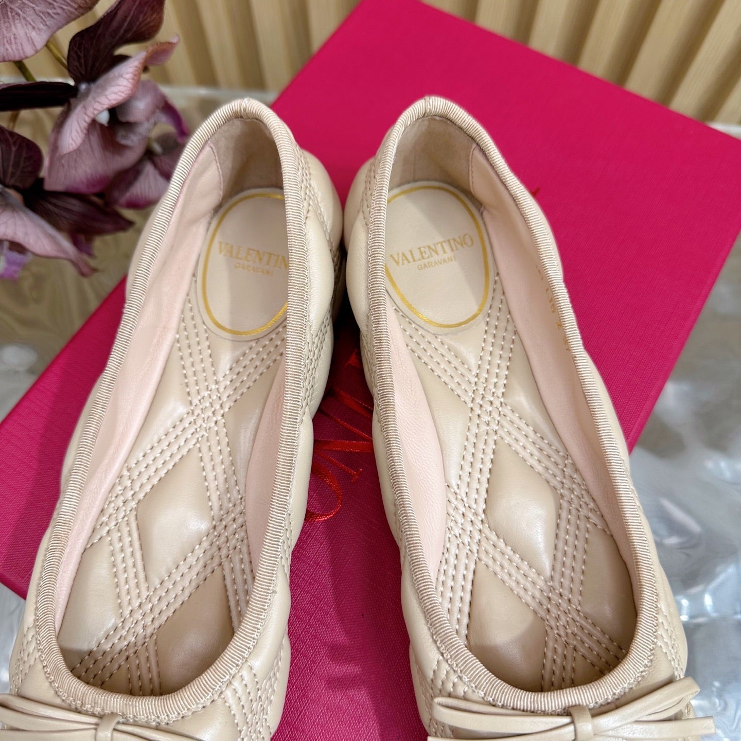VT 2025 Quilted Leather Bow Ballerina Flats Nude Sheepskin 286492