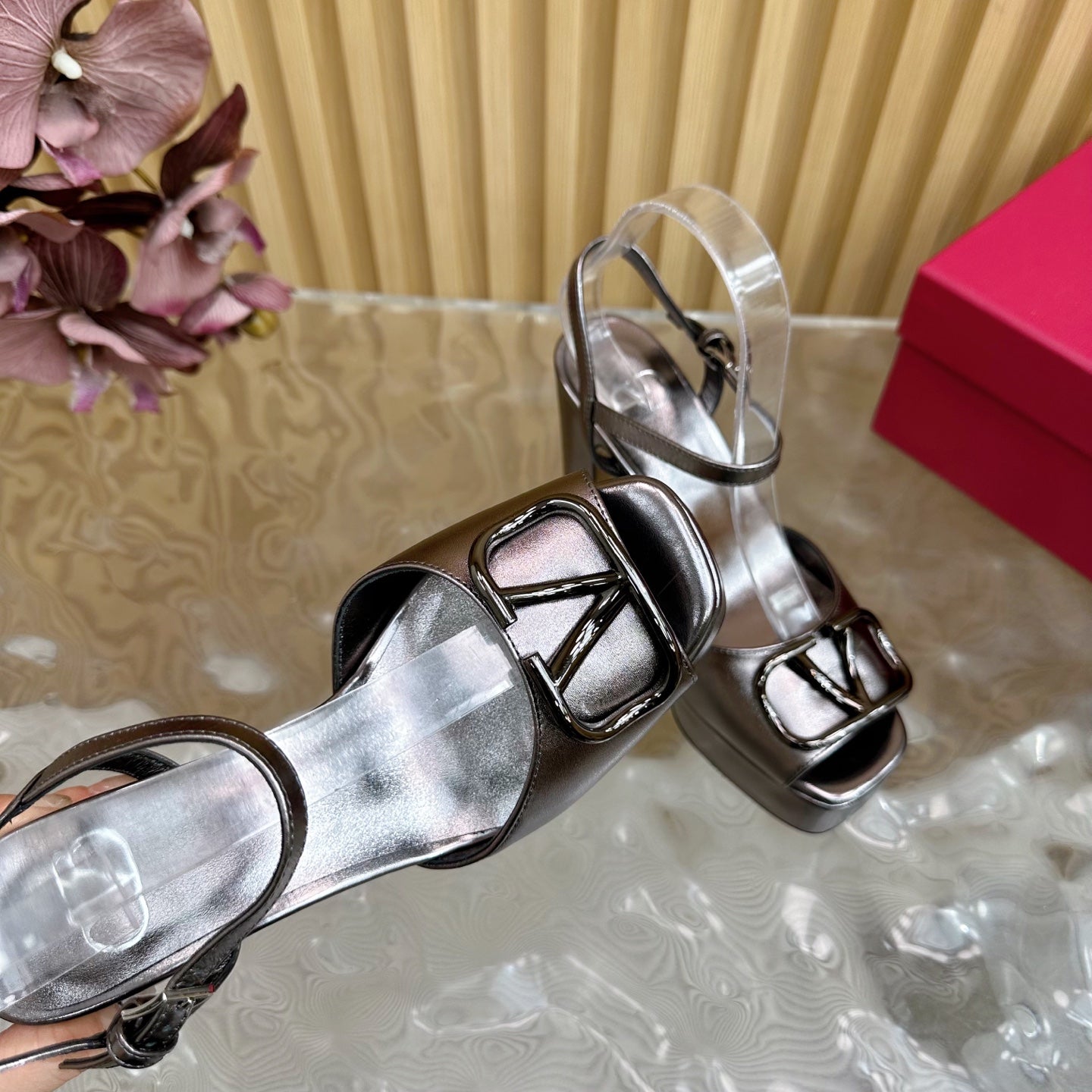 VT High Heels Sandals 110mm Gray Calfskin 286481