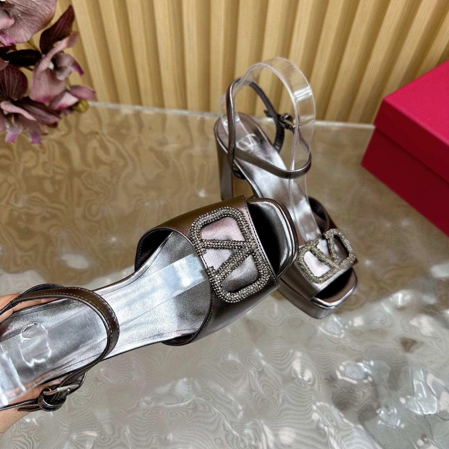 VT High Heels Sandals 110mm Gray Calfskin 286486