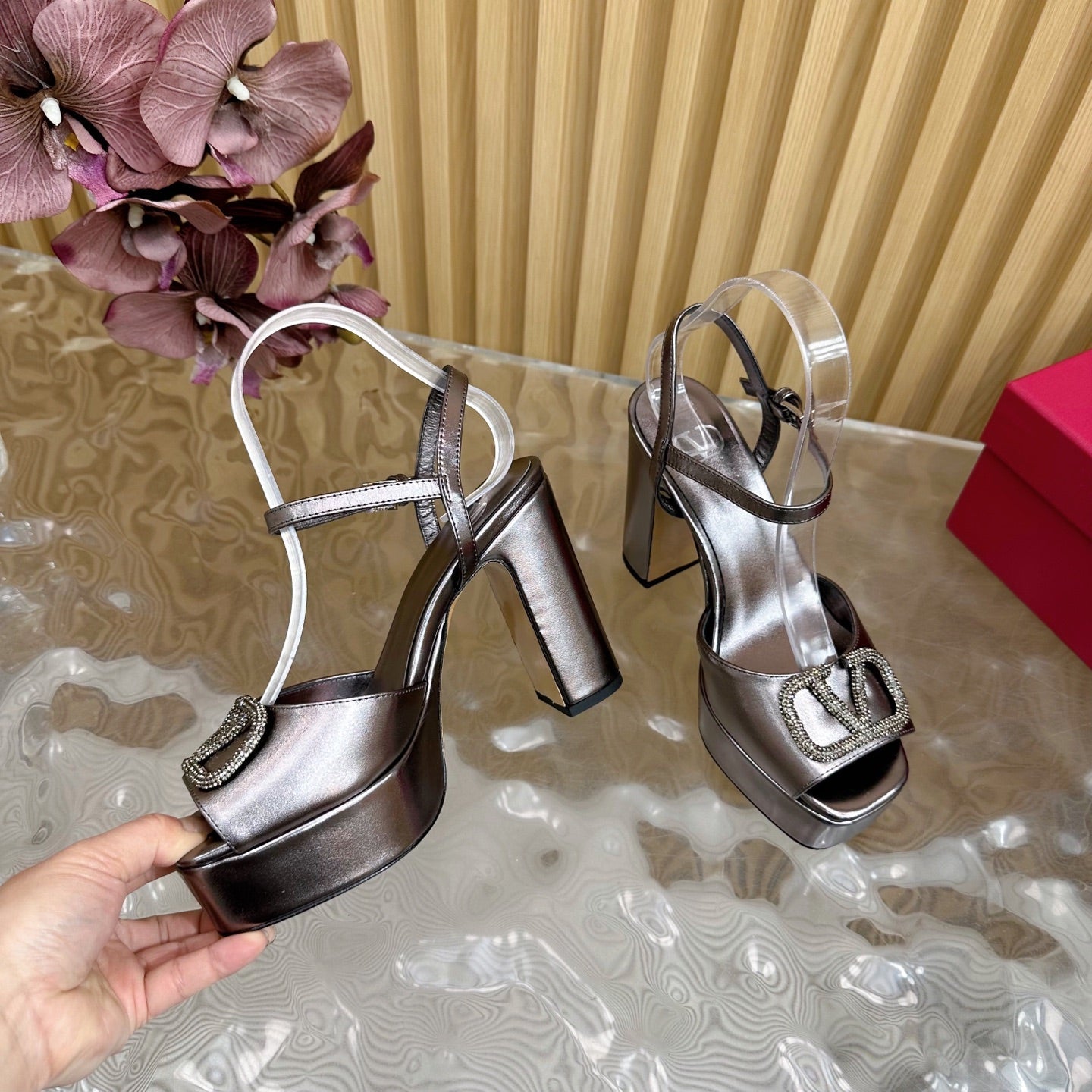 VT High Heels Sandals 110mm Gray Calfskin 286486