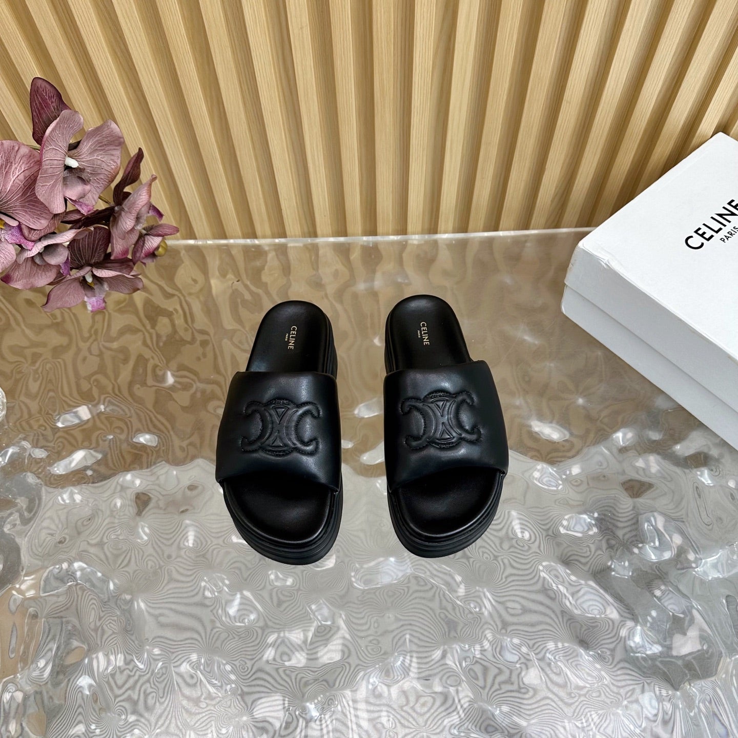 CELINE 25 Sline Sandal Black Sheepskin 285910
