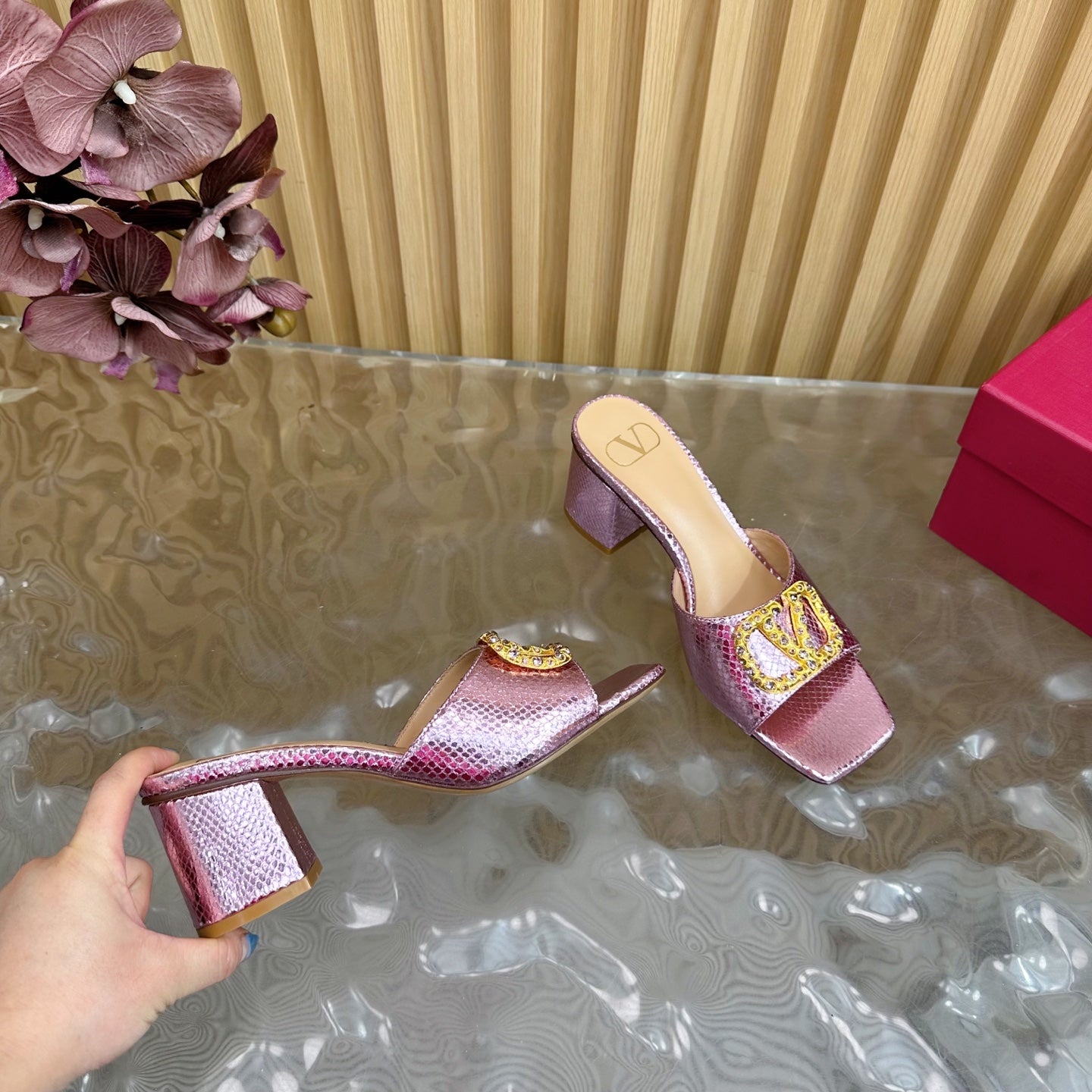 VT 25 Vlogo Mule Pink Snakeskin Leather 331929