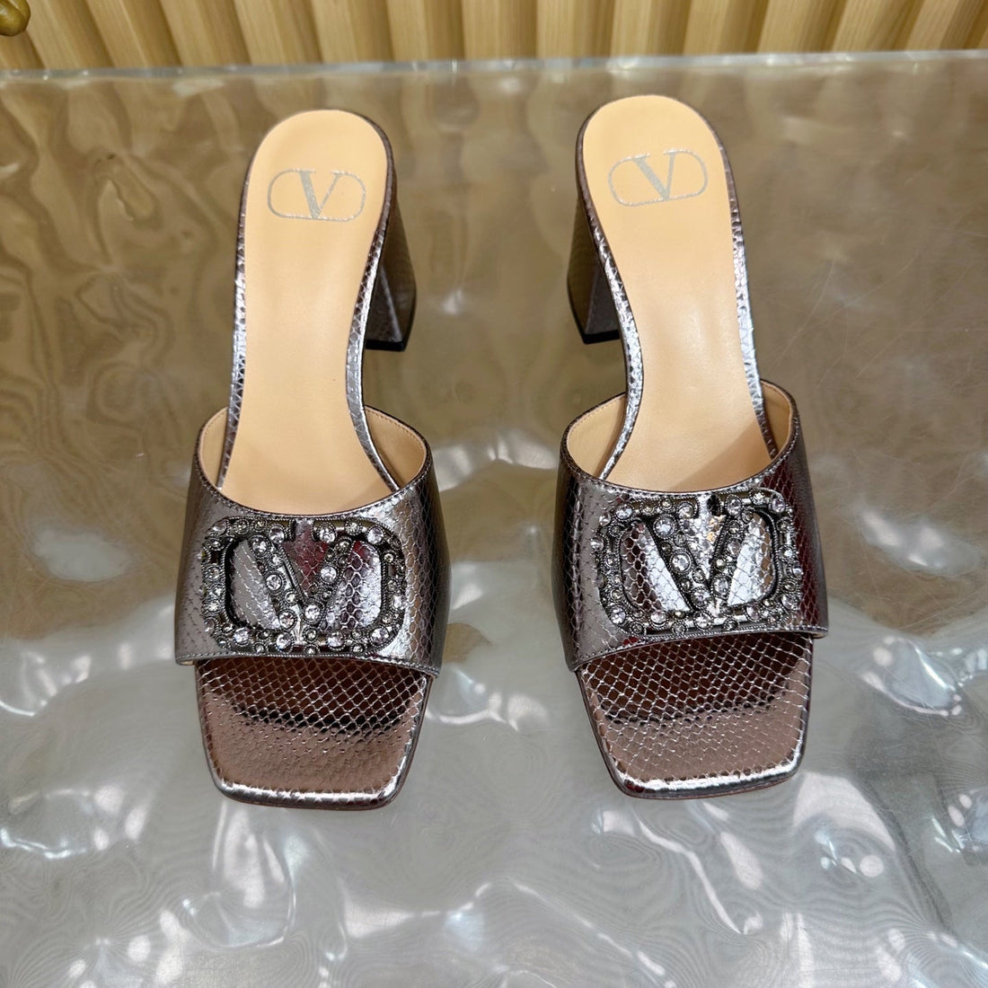 VT 25 Vlogo Mule Pink Gold Snakeskin Leather