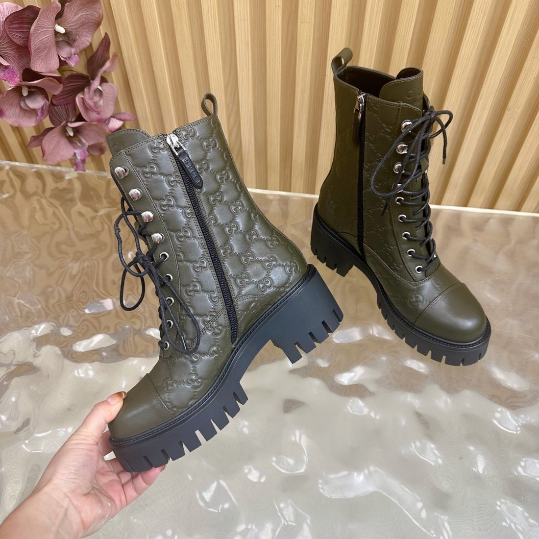 Gucci 2025 Boot Olive Green Black Embossed Cowhide 498050