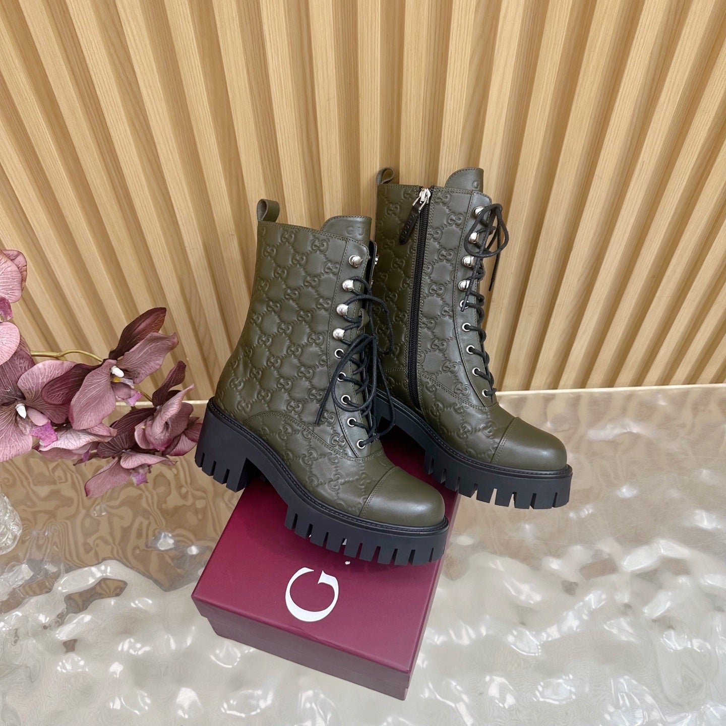 Gucci 2025 Boot Olive Green Black Embossed Cowhide 498050