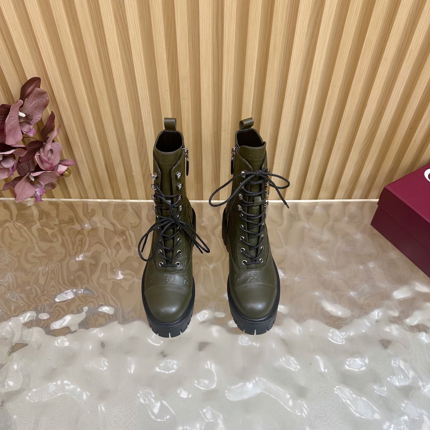 Gucci 2025 Boot Olive Green Black Embossed Cowhide 498050