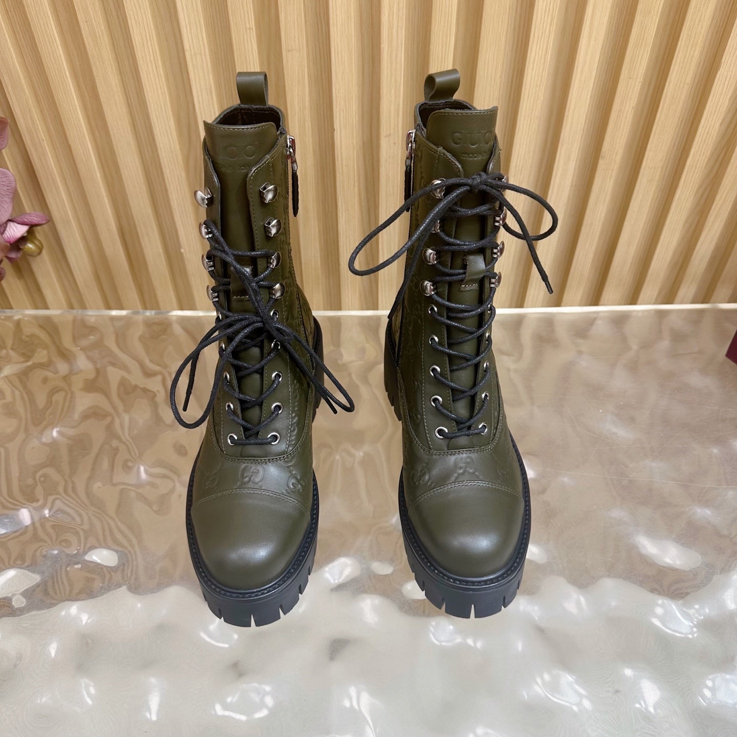 Gucci 2025 Boot Olive Green Black Embossed Cowhide 498050