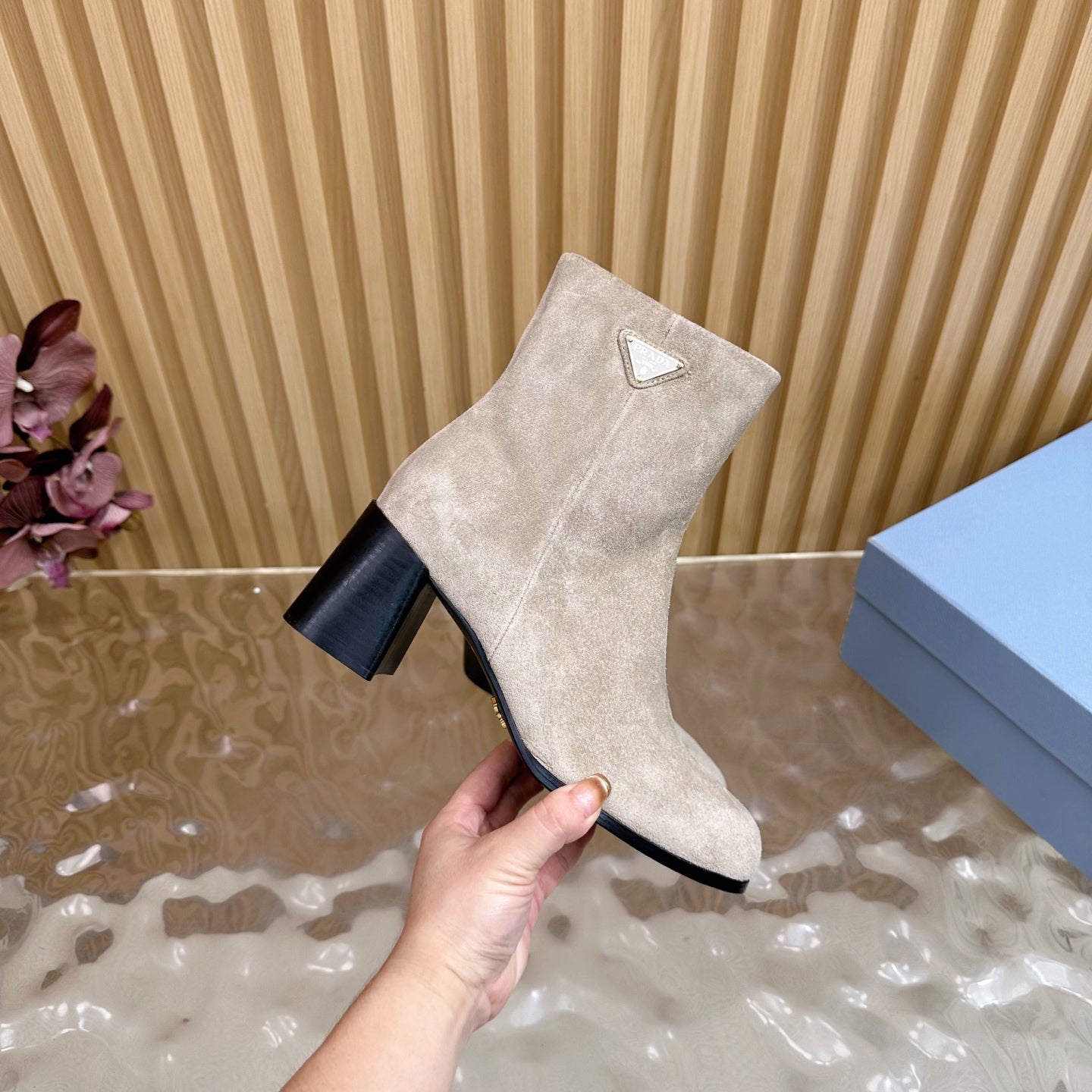 Prada 25 Boot Beige Black Suede 498221