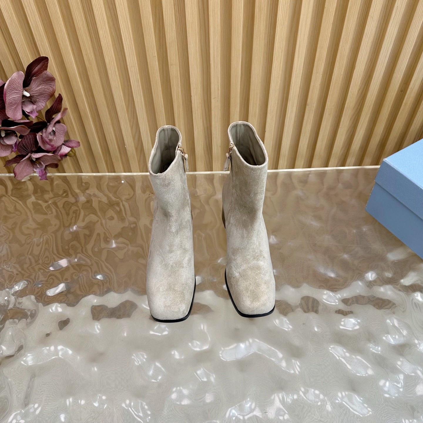 Prada 25 Boot Beige Black Suede 498221