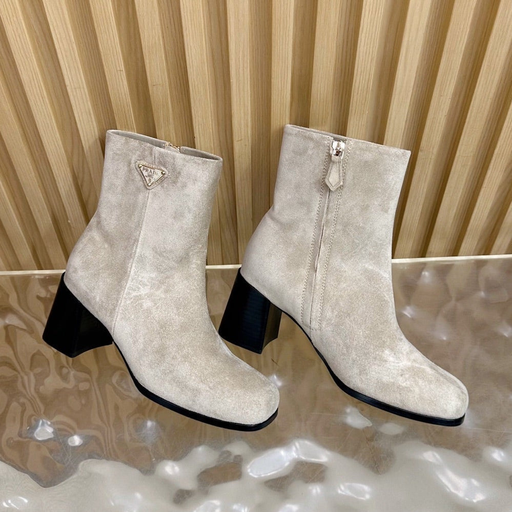 Prada 25 Boot Beige Black Suede 498221