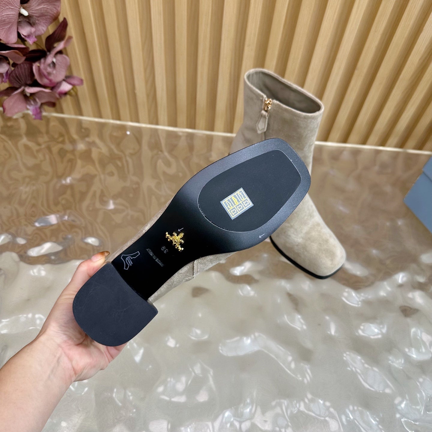 Prada 25 Boot Beige Black Suede 498221