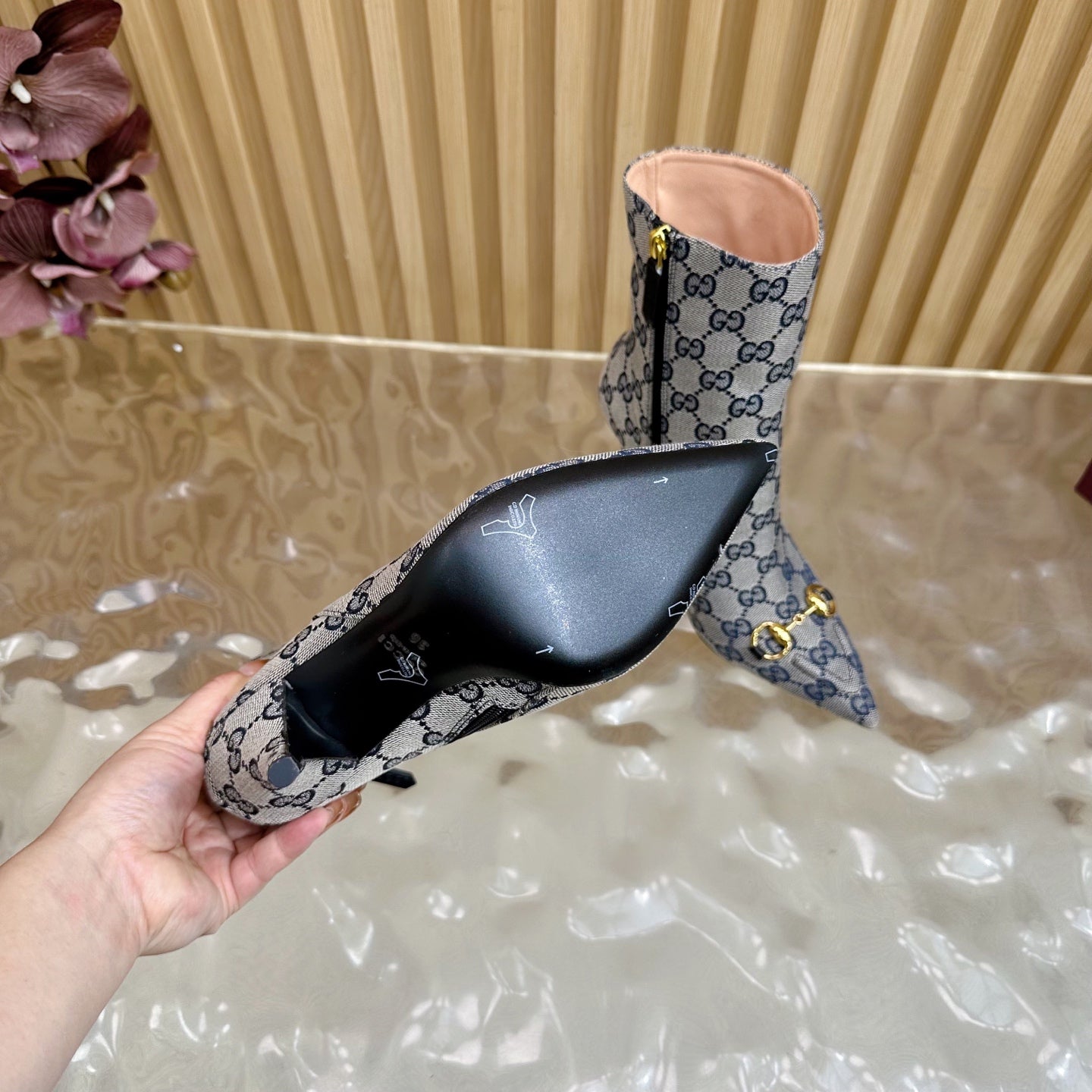 Gucci 2025 Thick-heeled Square-toed Ankle Boots Blue Sheepskin Fabric 498065