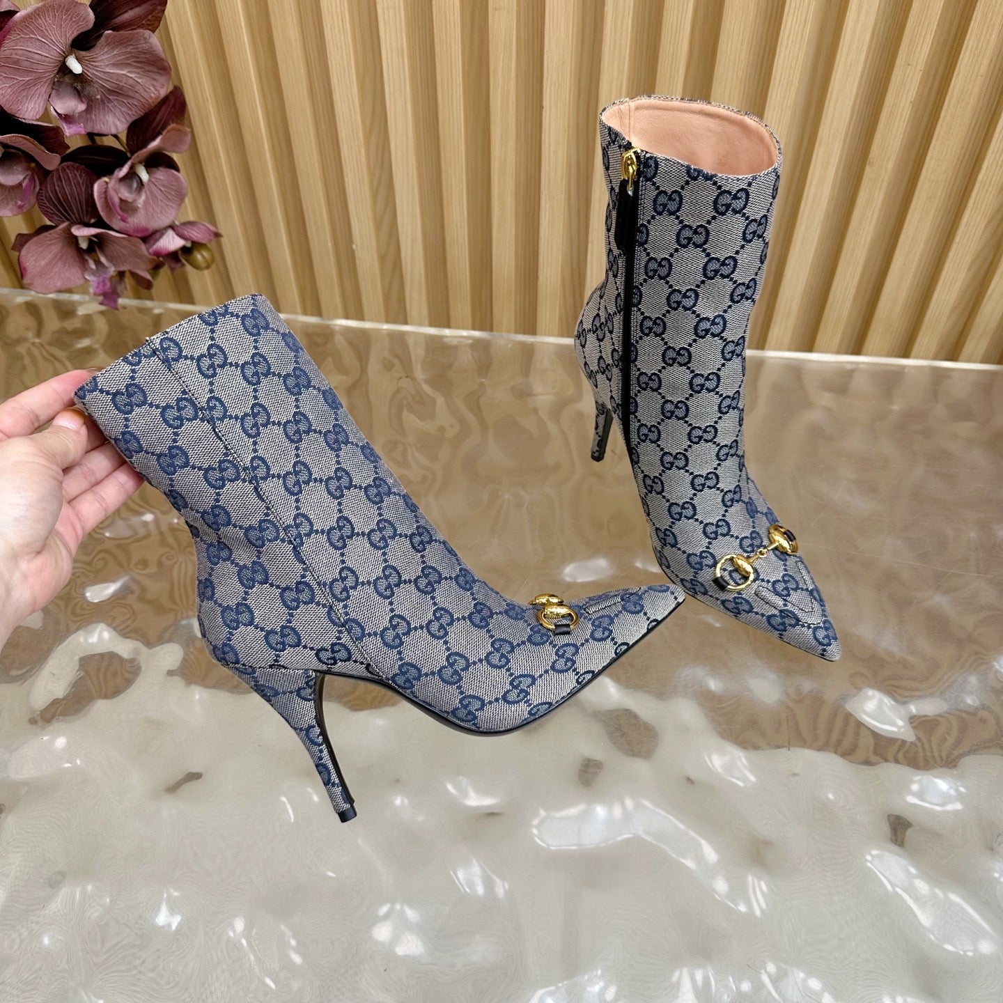 Gucci 2025 Thick-heeled Square-toed Ankle Boots Blue Sheepskin Fabric 498065