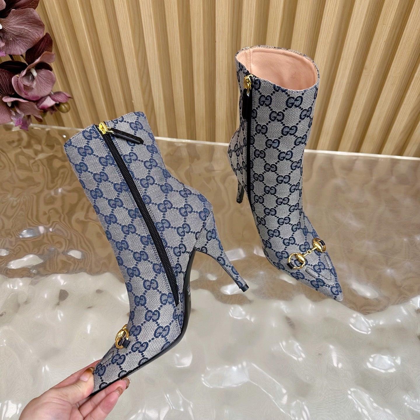 Gucci 2025 Thick-heeled Square-toed Ankle Boots Blue Sheepskin Fabric 498065