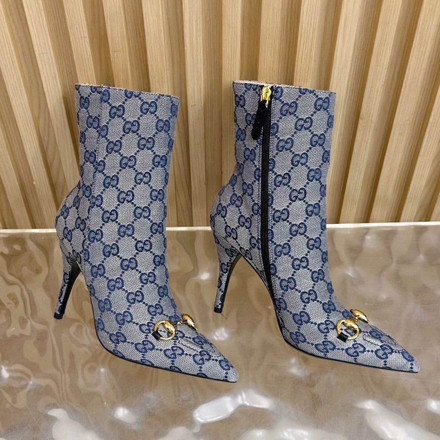 Gucci 2025 Thick-heeled Square-toed Ankle Boots Blue Sheepskin Fabric 498065