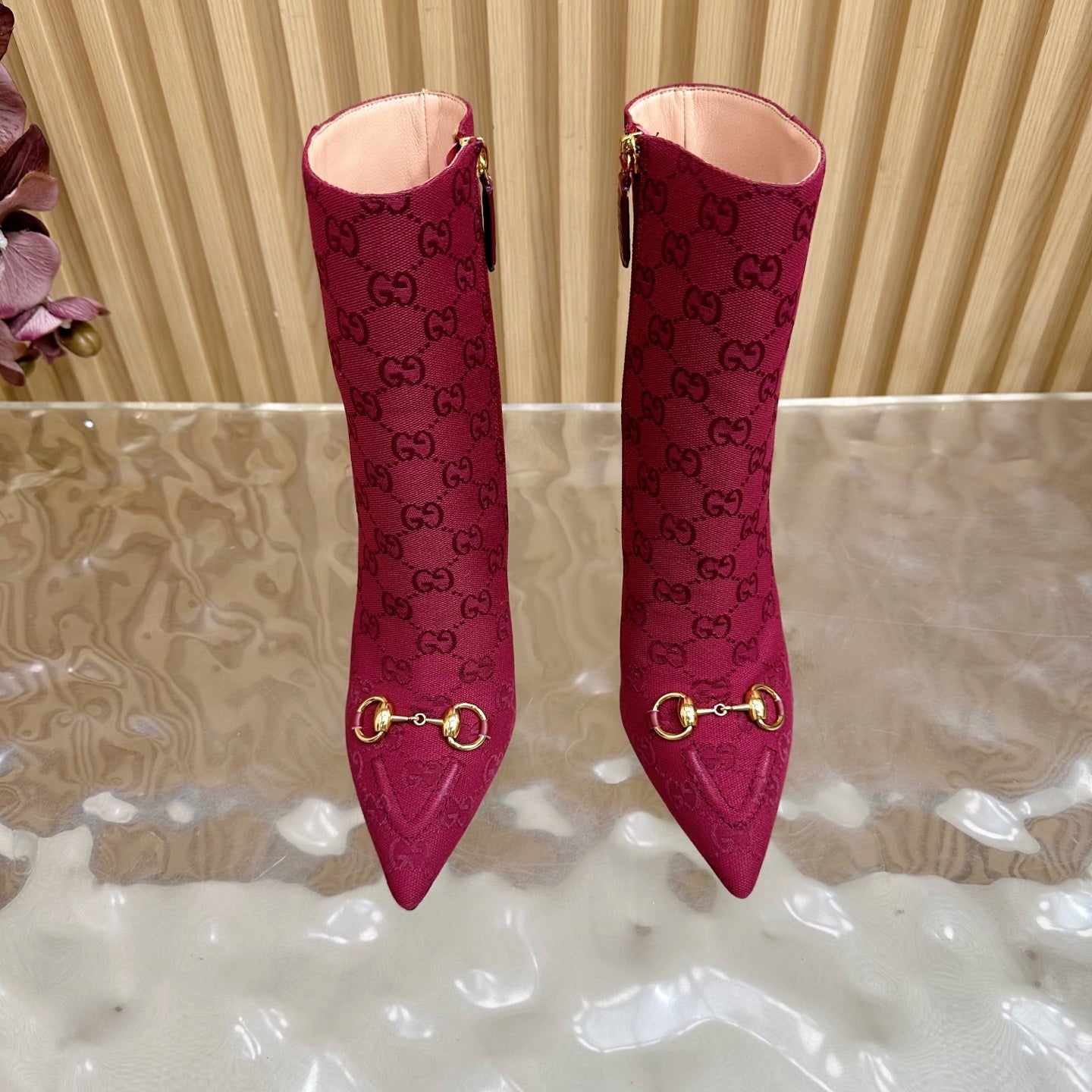 Gucci 2025 Thick-heeled Square-toed Ankle Boots Red Gold Sheepskin Fabric 498066