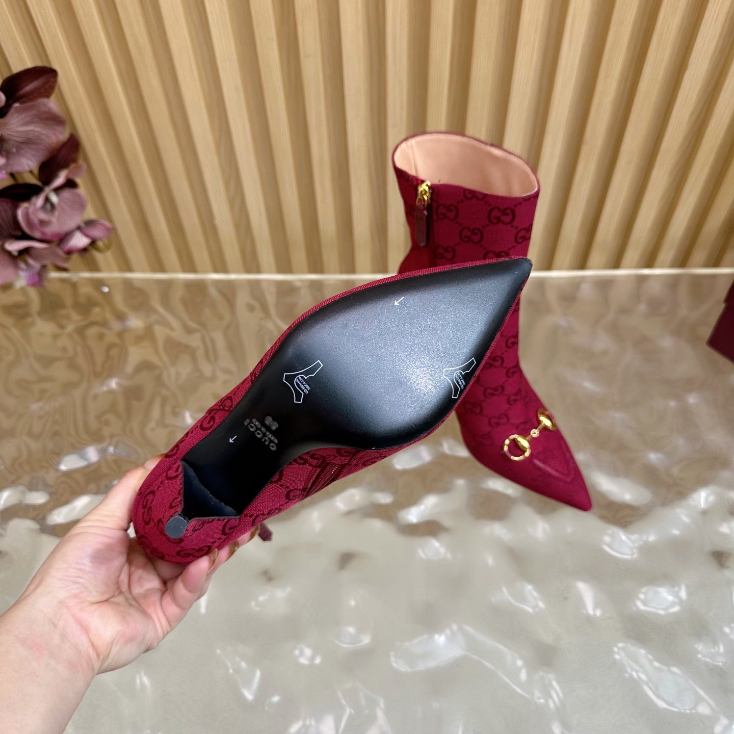 Gucci 2025 Thick-heeled Square-toed Ankle Boots Red Gold Sheepskin Fabric 498066