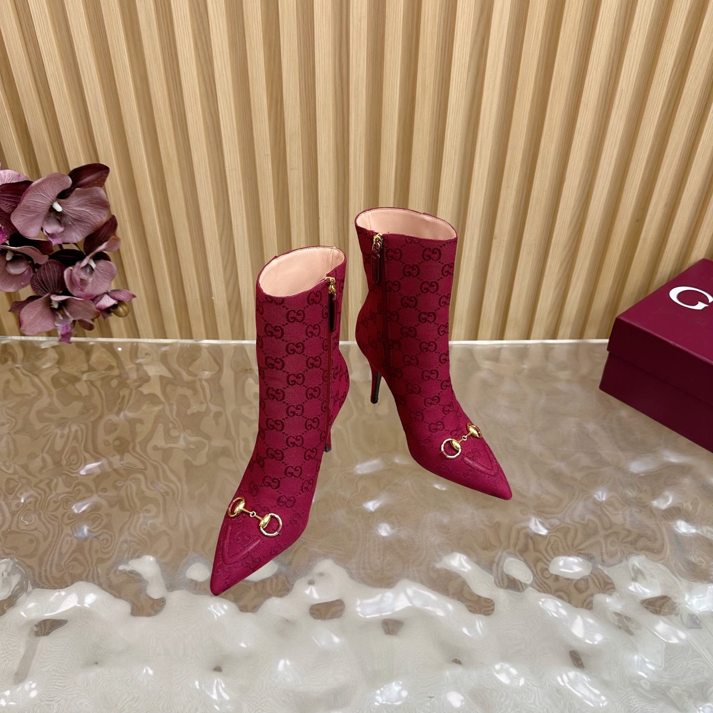 Gucci 2025 Thick-heeled Square-toed Ankle Boots Red Gold Sheepskin Fabric 498066