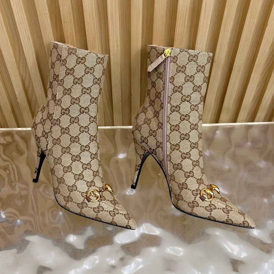 Gucci 2025 Thick-heeled Square-toed Ankle Boots Beige Gold Sheepskin Fabric 498067