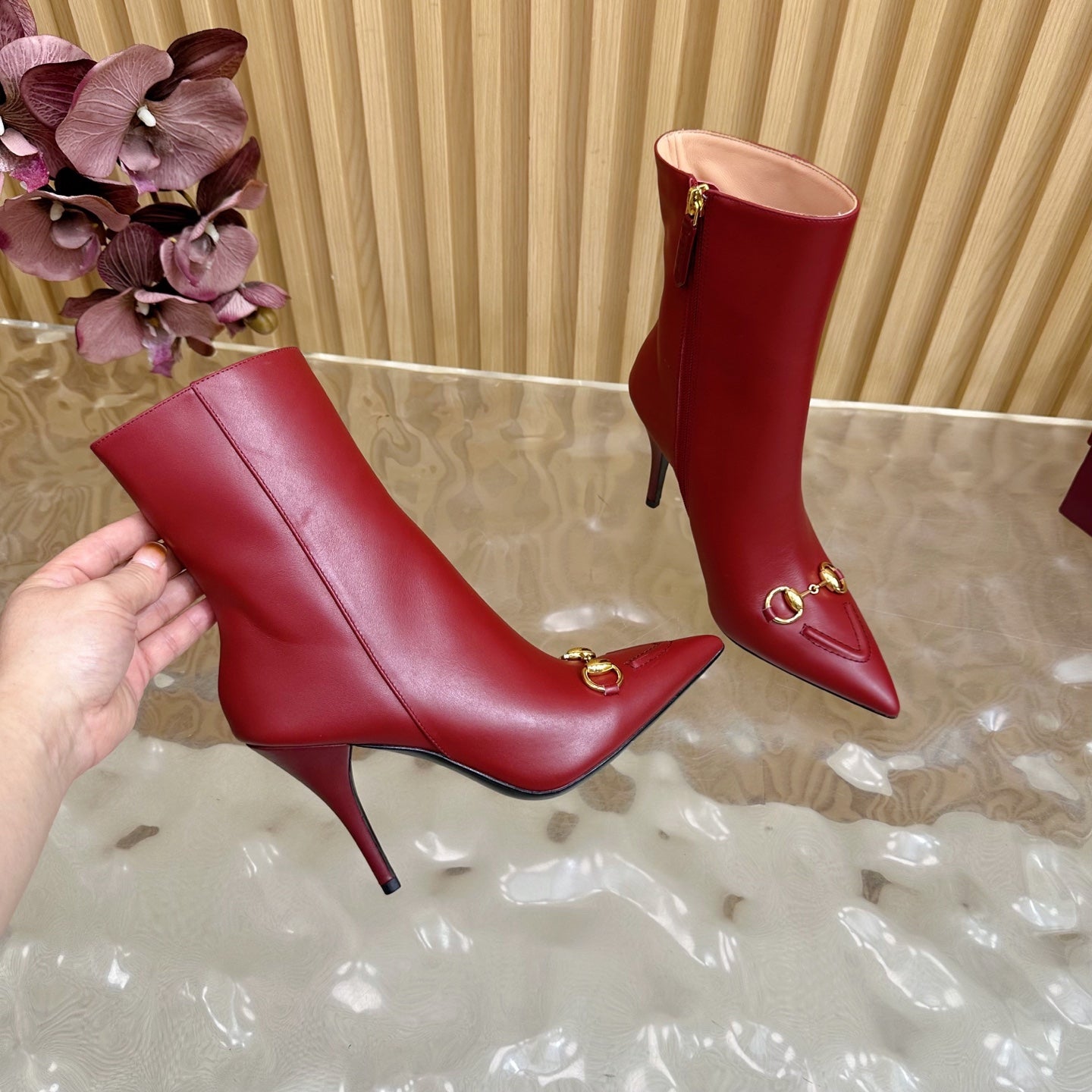 Gucci 2025 Thick-heeled Square-toed Ankle Boots Red Sheepskin 498068