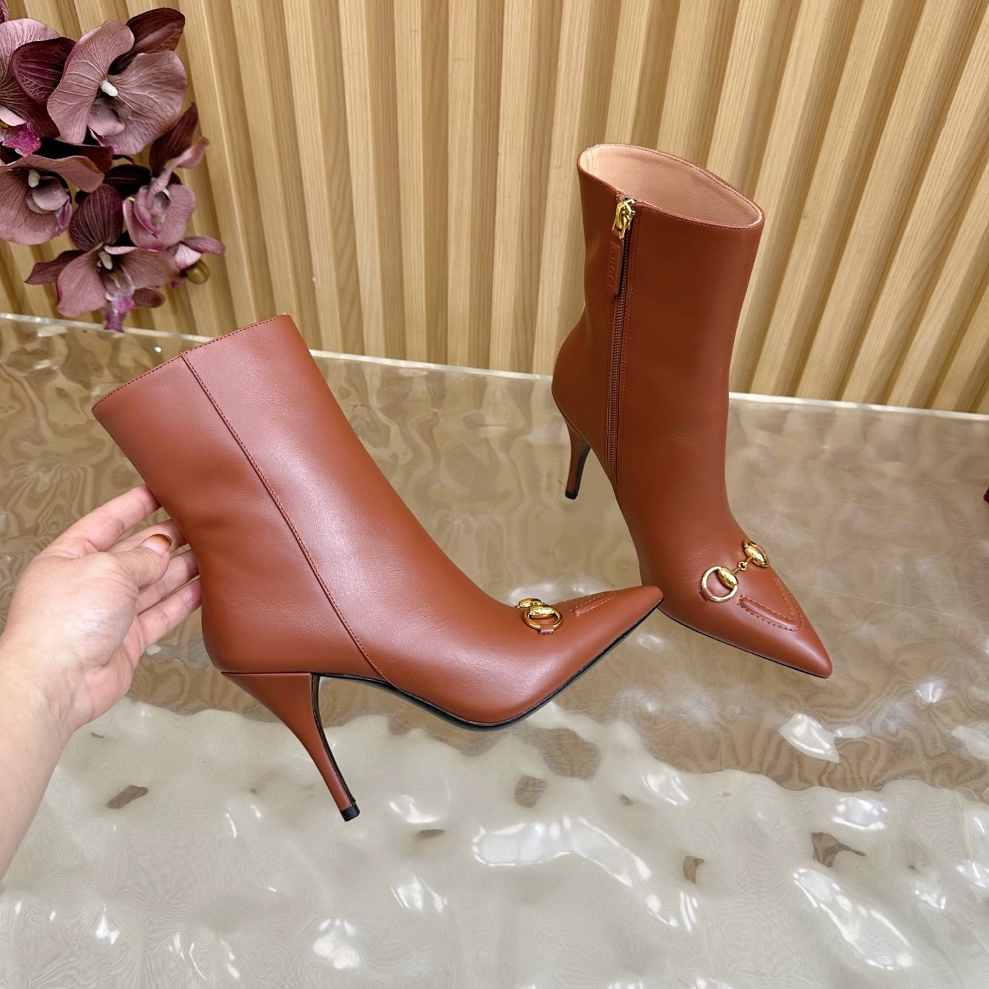 Gucci 2025 Thick-heeled Square-toed Ankle Boots Brown Sheepskin 498070