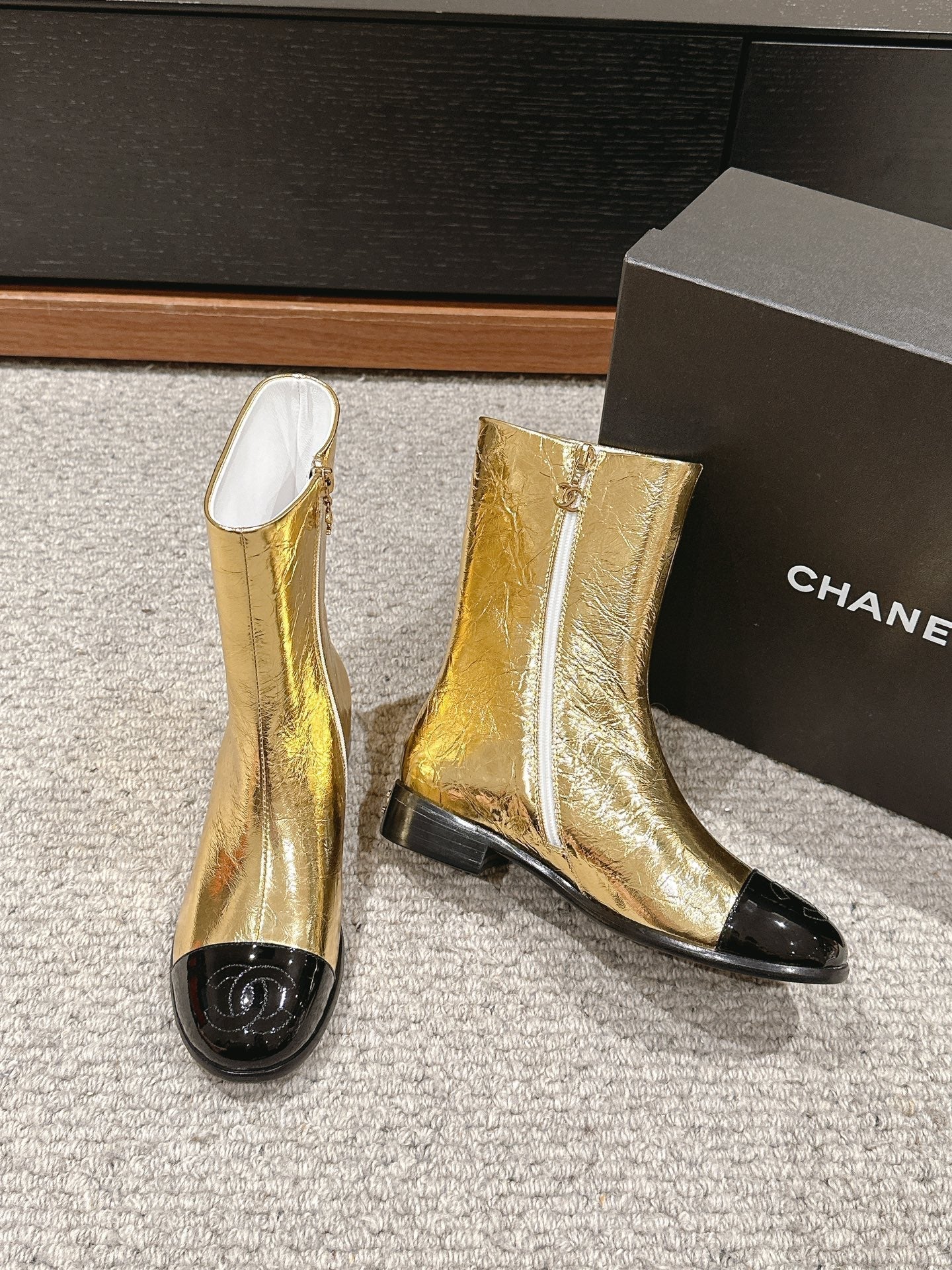 CC Short Boot Gold Metalic Lambskin Black Patent Calfskin