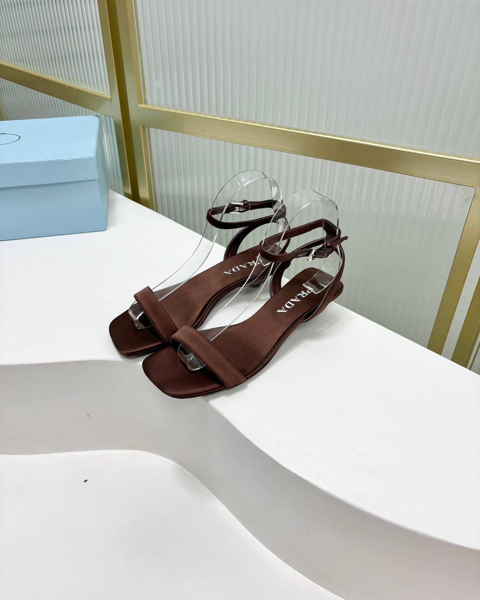 PRA TRIANGLE HEEL SATIN SANDALS BROWN