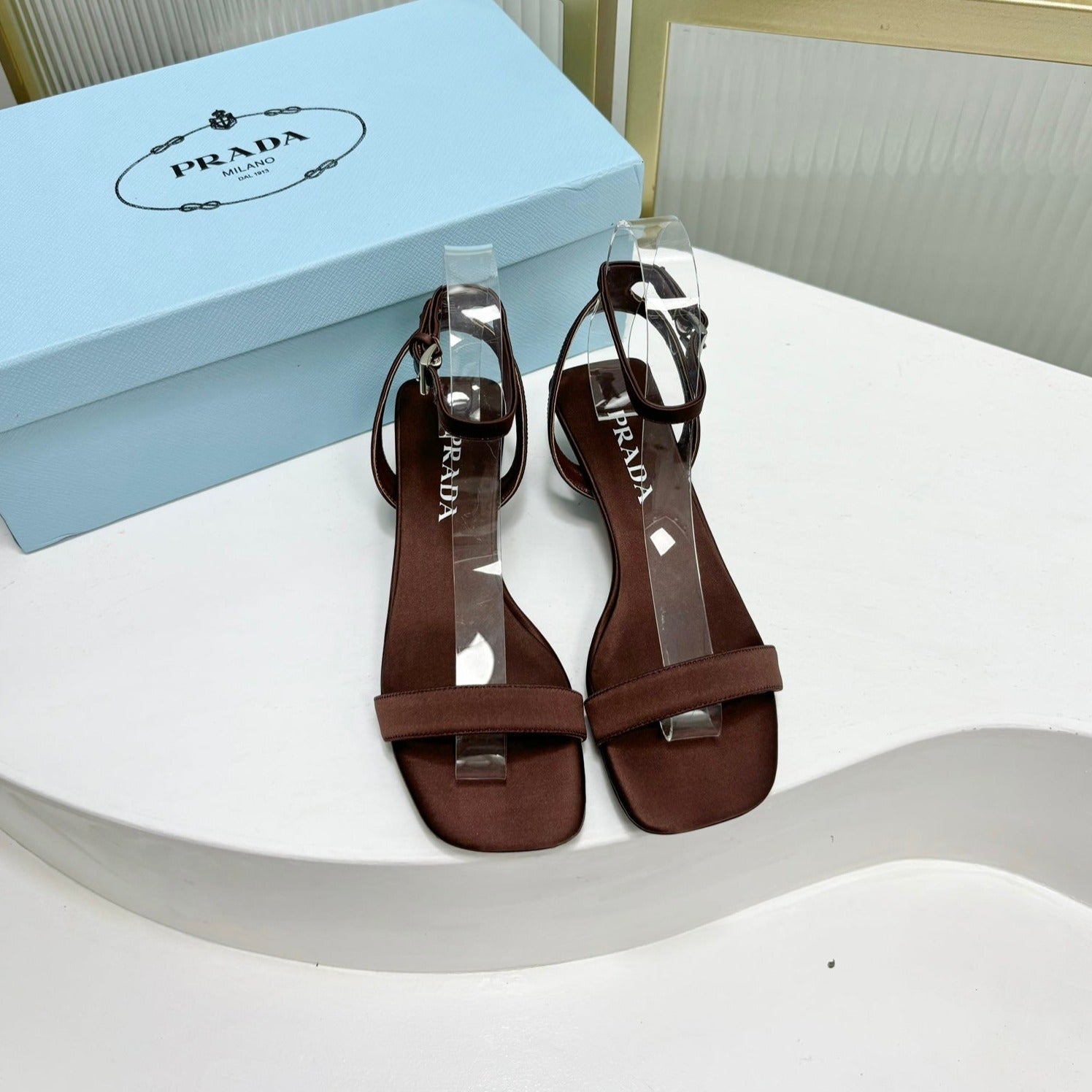 PRA TRIANGLE HEEL SATIN SANDALS BROWN