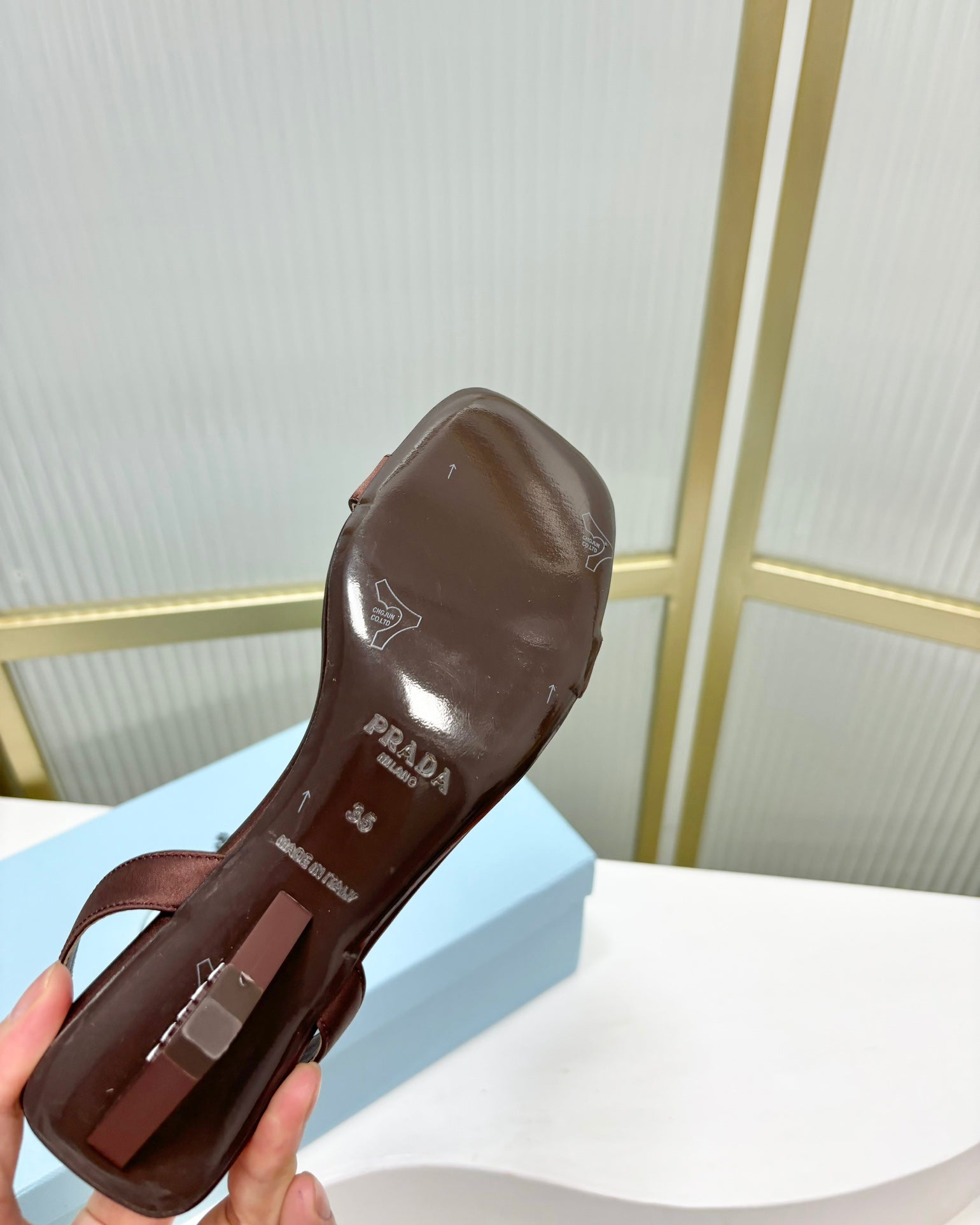 PRA TRIANGLE HEEL SATIN SANDALS BROWN