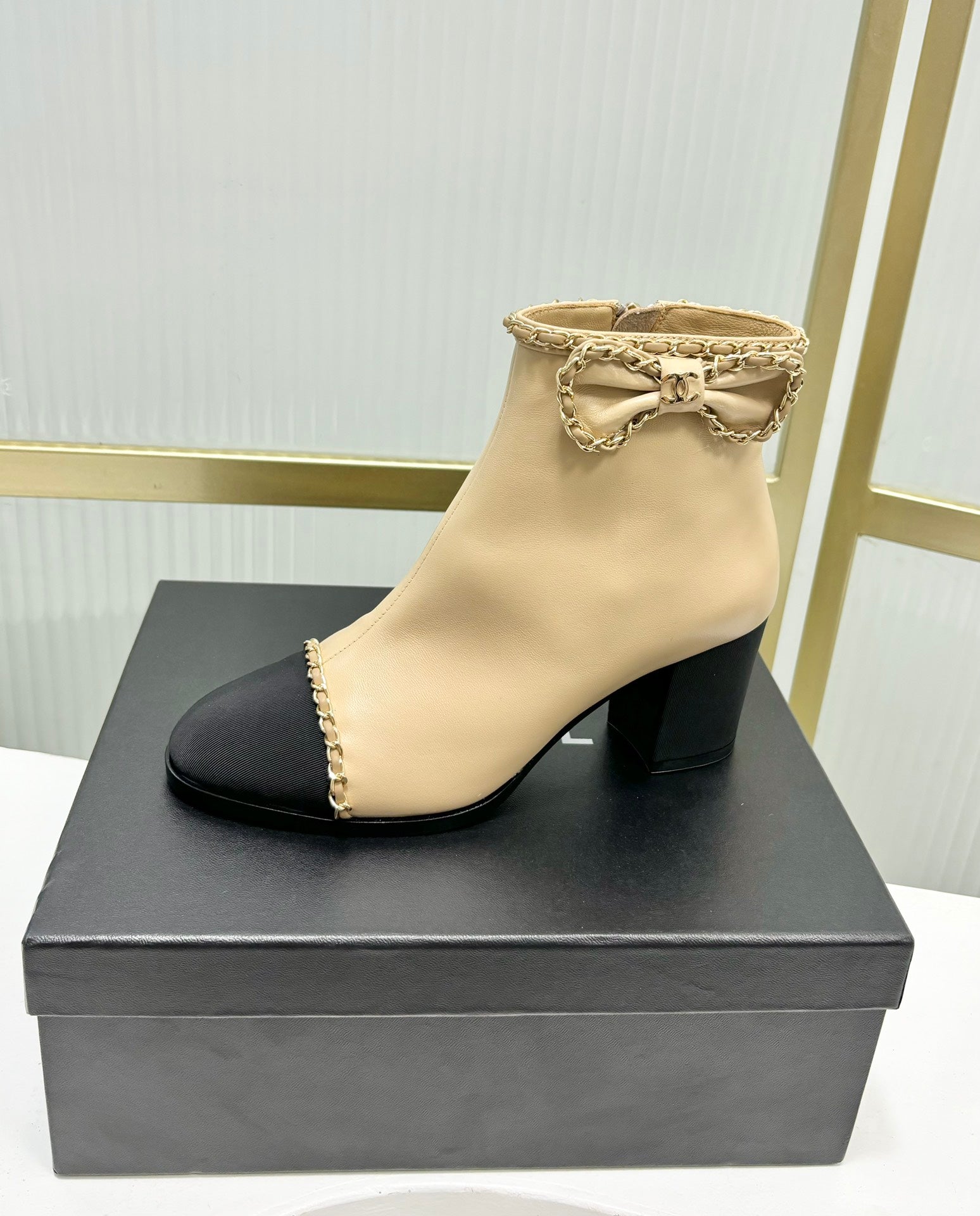CC Ankle Boot 65 Beige Calfkin Black Grosgrain Leather Strap