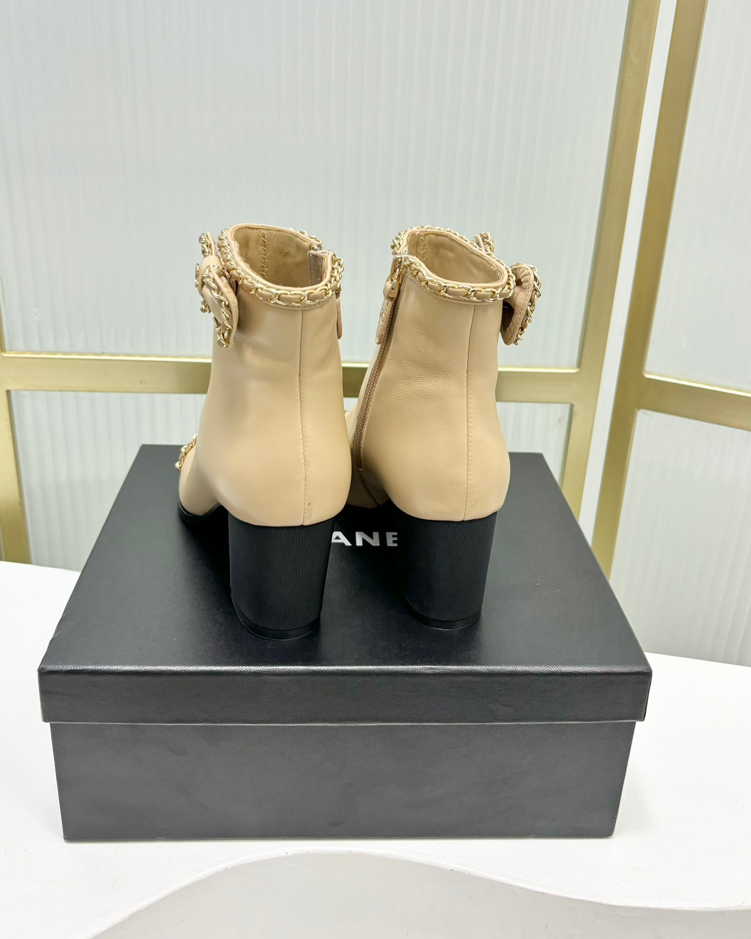 CC Ankle Boot 65 Beige Calfkin Black Grosgrain Leather Strap