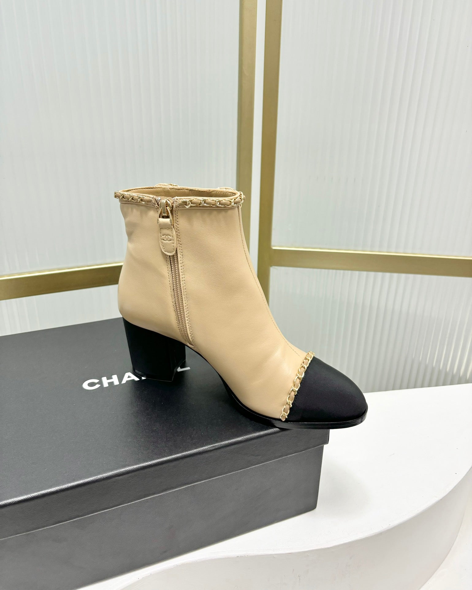 CC Ankle Boot 65 Beige Calfkin Black Grosgrain Leather Strap