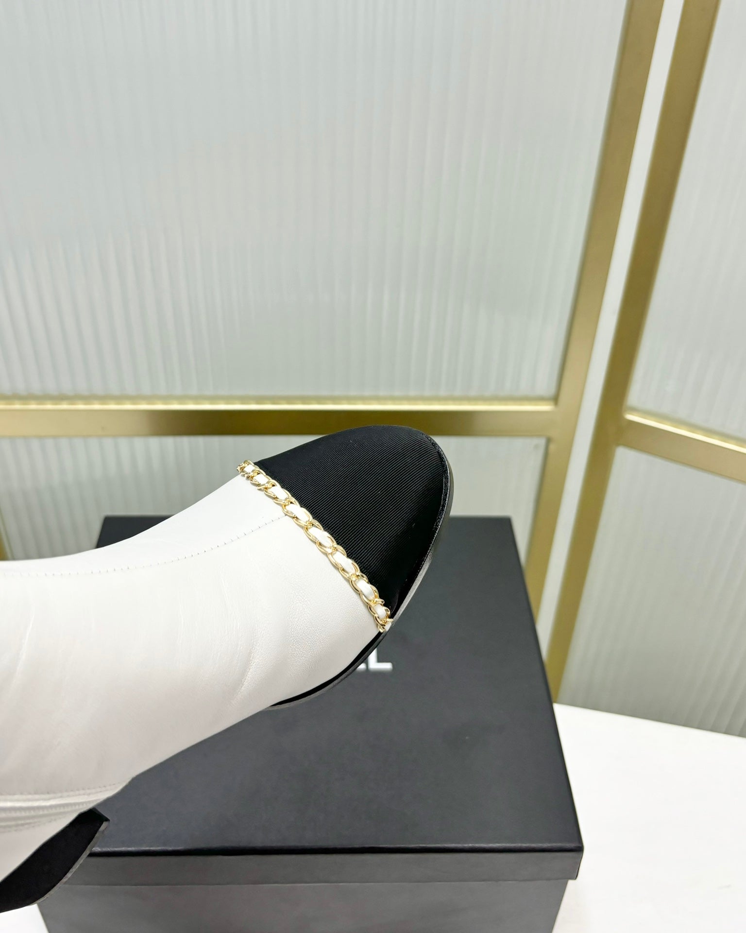 CC Ankle Boot 65 White Calfkin Black Grosgrain Leather Strap